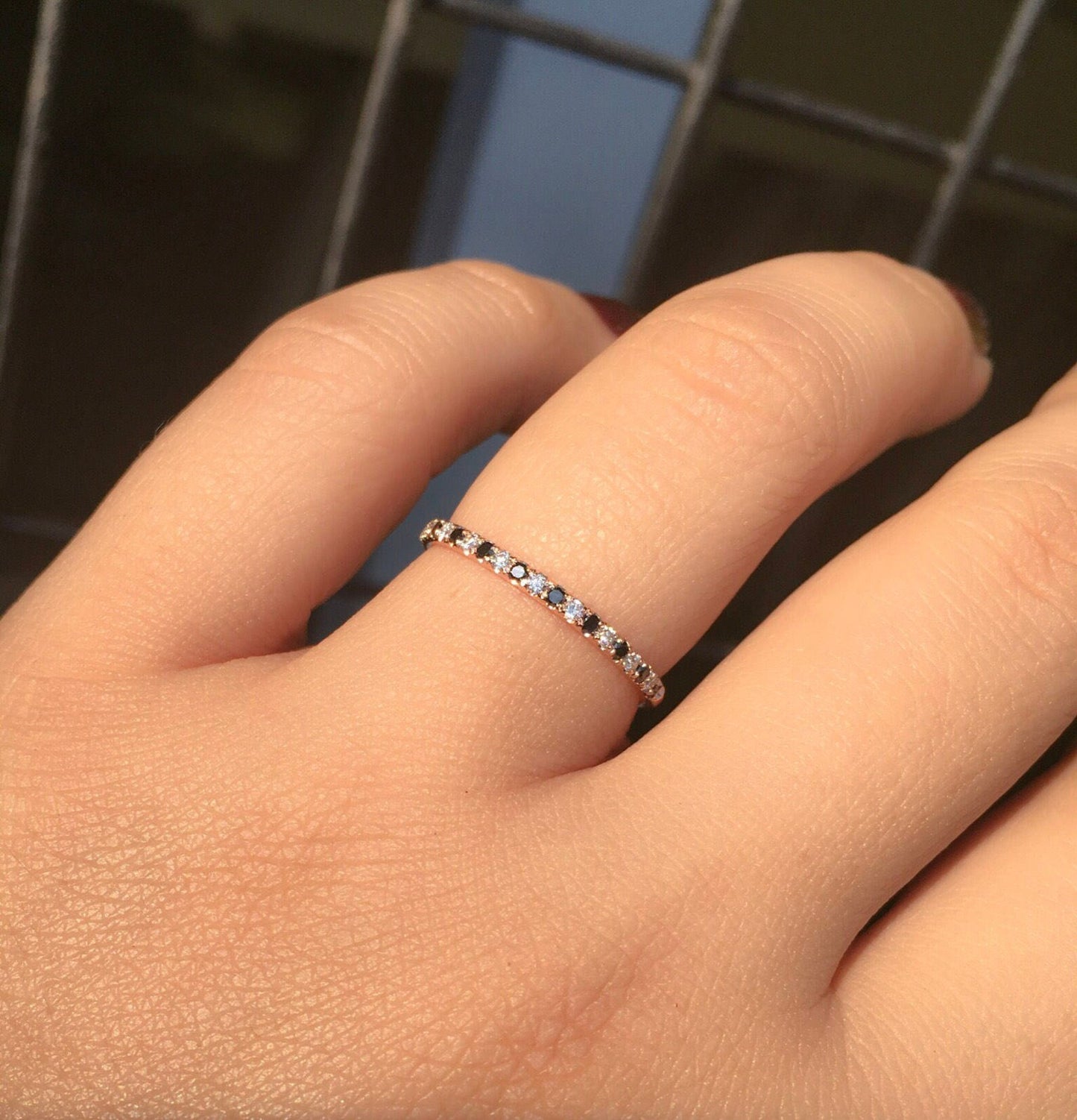 Alternating Black and White Diamond Unusual Eternity Band Ring Pave Half Eternity Wedding Anniversary Diamond Band 1.5mm April Unique Stack