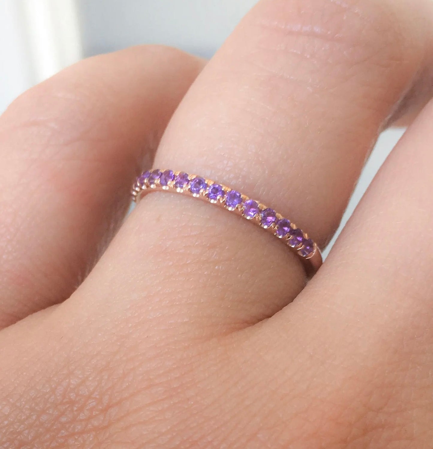 Amethyst Ring Band/ Half Eternity Pave Amethyst Ring/ Wedding Guard Band/ Natural Amethyst 1.8 MM Ring/ Anniversary Pave Amethyst Stack Band