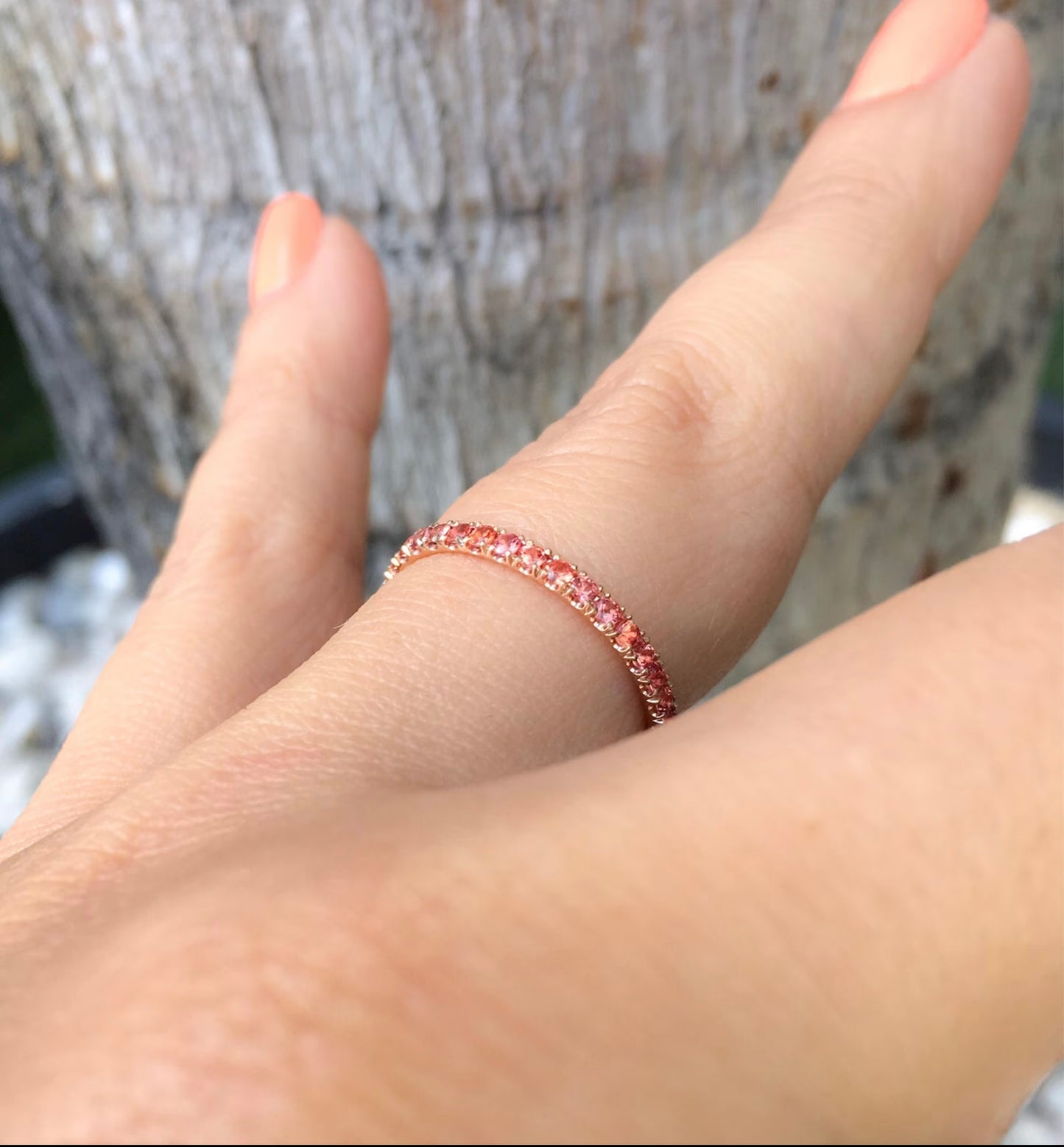 Orange Sapphire Pave Ring/ Full Eternity Wedding Guard Ring/ Orange Sapphire Stacking Ring/ 2mm Padparadscha Sapphire Anniversary Stack Ring