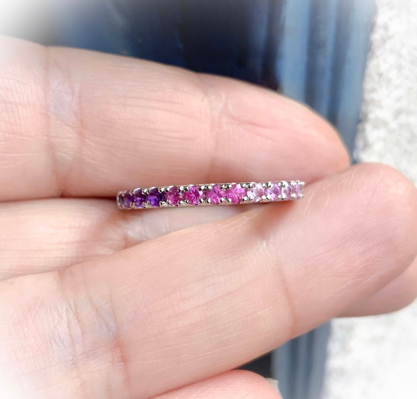 Purple Pink Ombre Ring/ Gradient Pink Sapphire Amethyst Pave Stacking Ring/ 2.3mm Half Eternity Unique Wedding Band/ 10K 14K 18K or Platinum