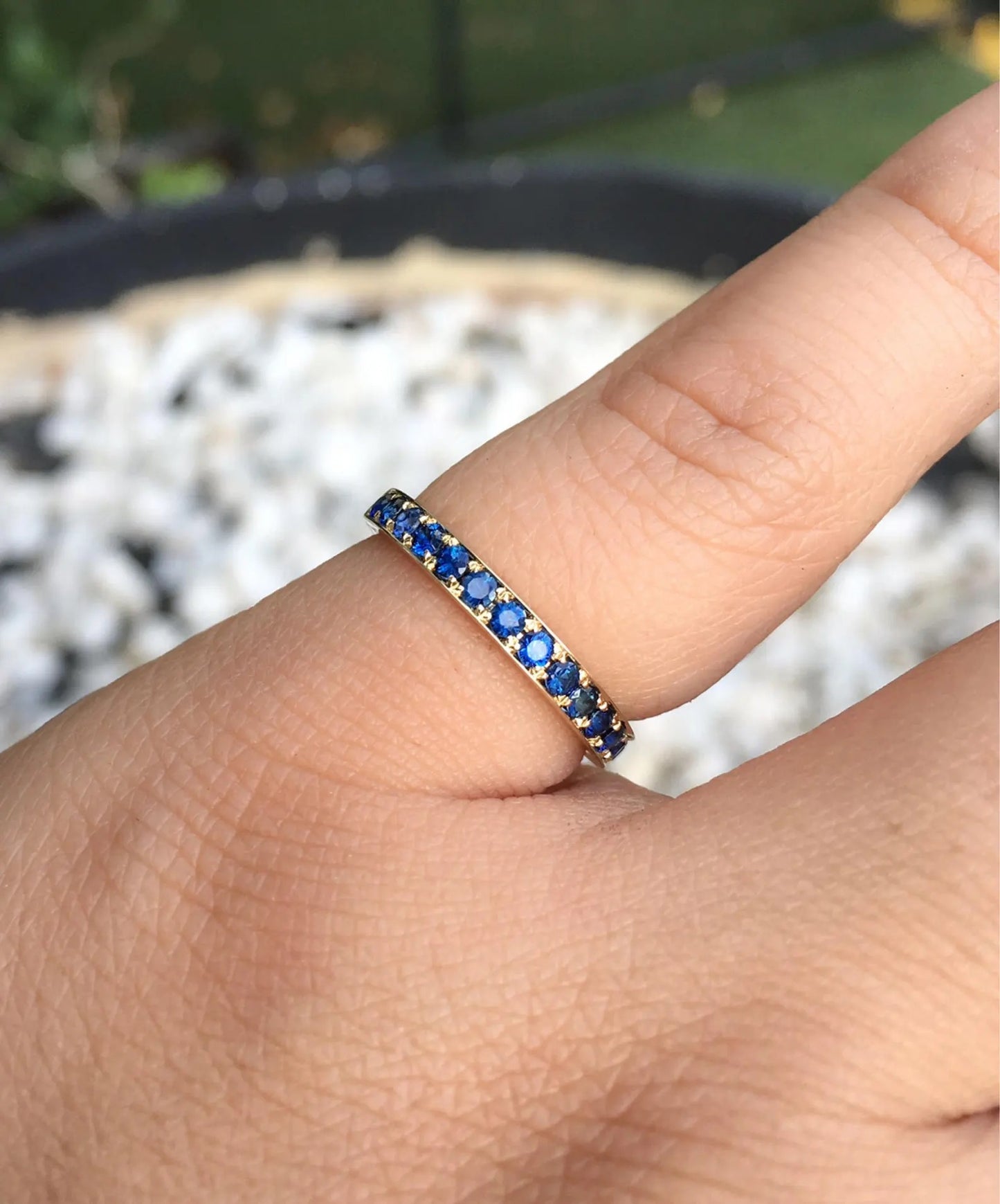 Blue Sapphire Band/ 2.5mm Channel Pave Half Eternity Stacking Ring/ Bright Cut Blue Sapphire Wedding Anniversary Ring/ September Birthstone