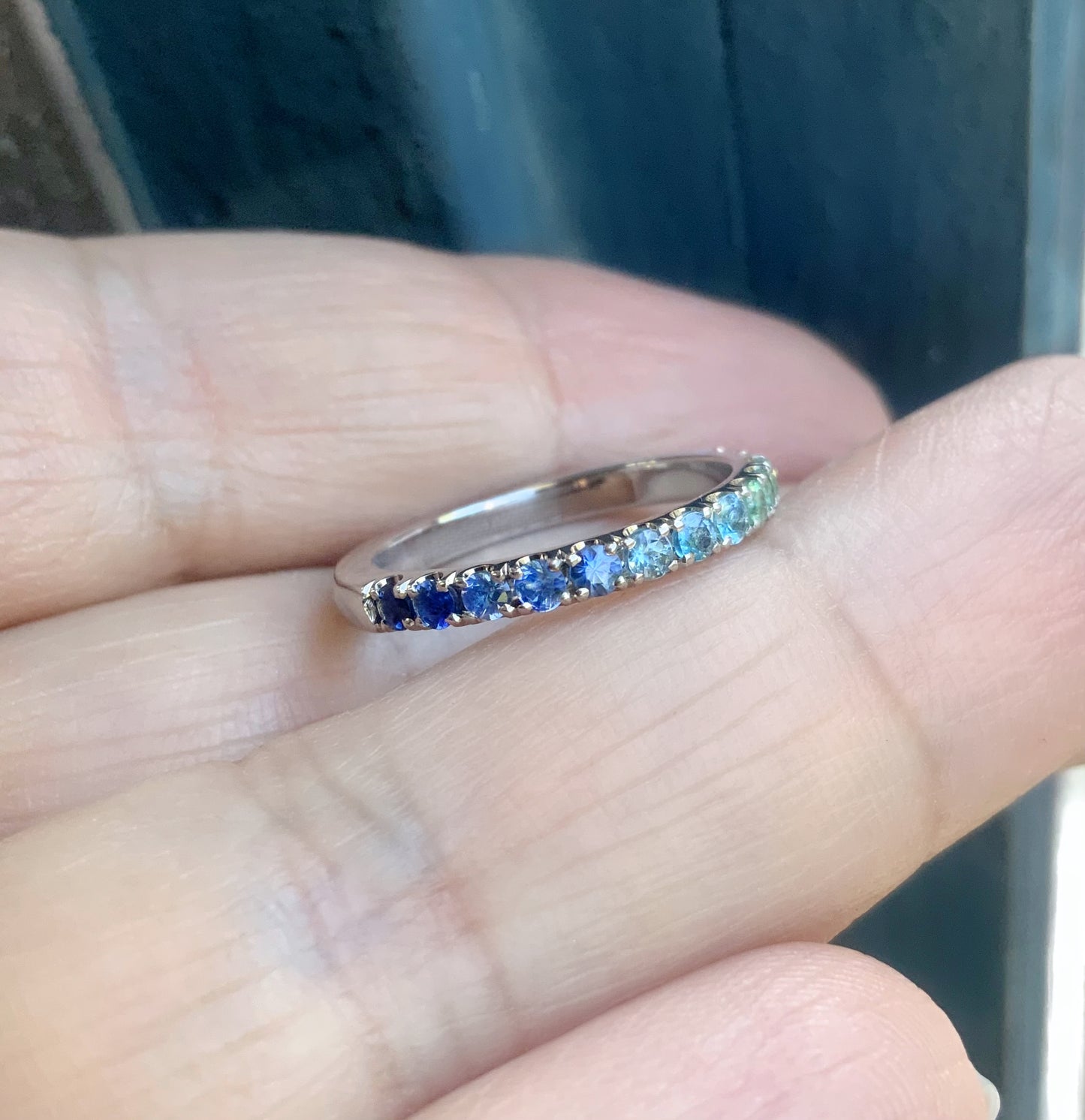 Gradient Blue Green Pave Ring/ Coastal Ombre Beach Wedding Band/ 2.3mm Half Eternity/ Mermaid Colors Diamond Alexandrite Aquamarine Sapphire