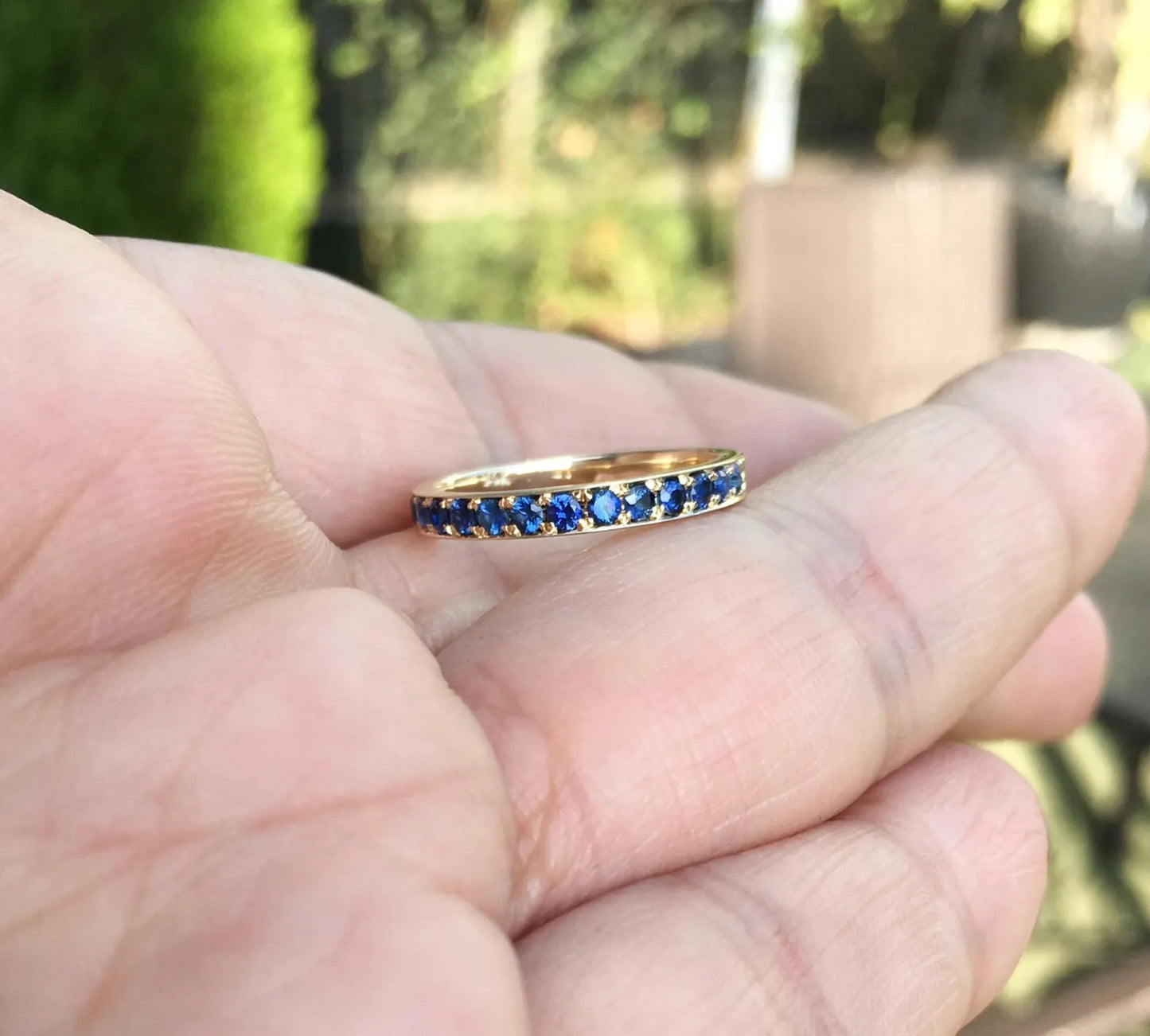 Blue Sapphire Band/ 2.5mm Channel Pave Half Eternity Stacking Ring/ Bright Cut Blue Sapphire Wedding Anniversary Ring/ September Birthstone