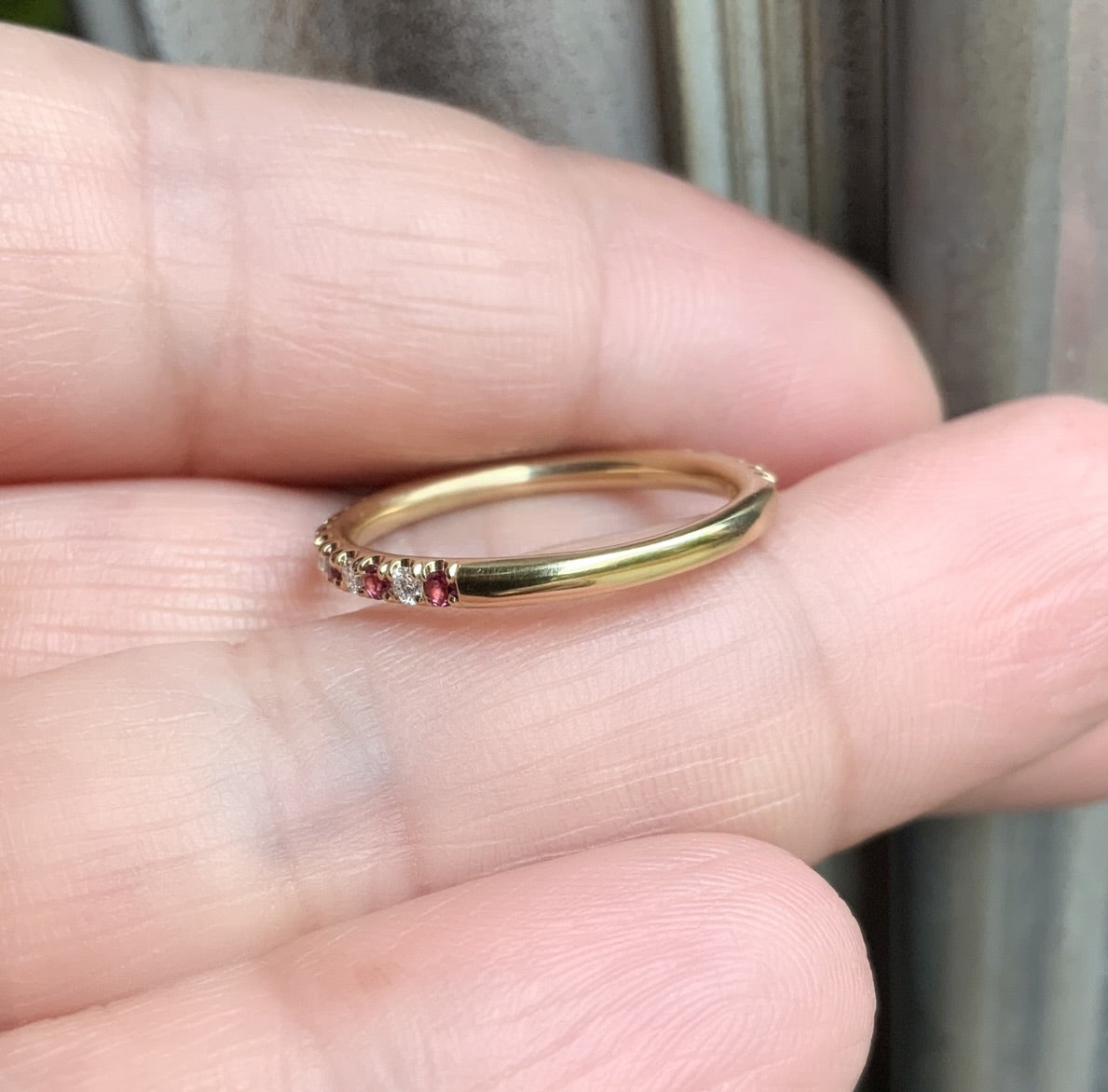 Rhodolite Garnet Diamond Alternating Band/ 2mm 3/4 Eternity Pave Stacking Ring/ Pink Garnet & Diamond 2 Birthstone Wedding Band/ Platinum or Solid Gold October Ring