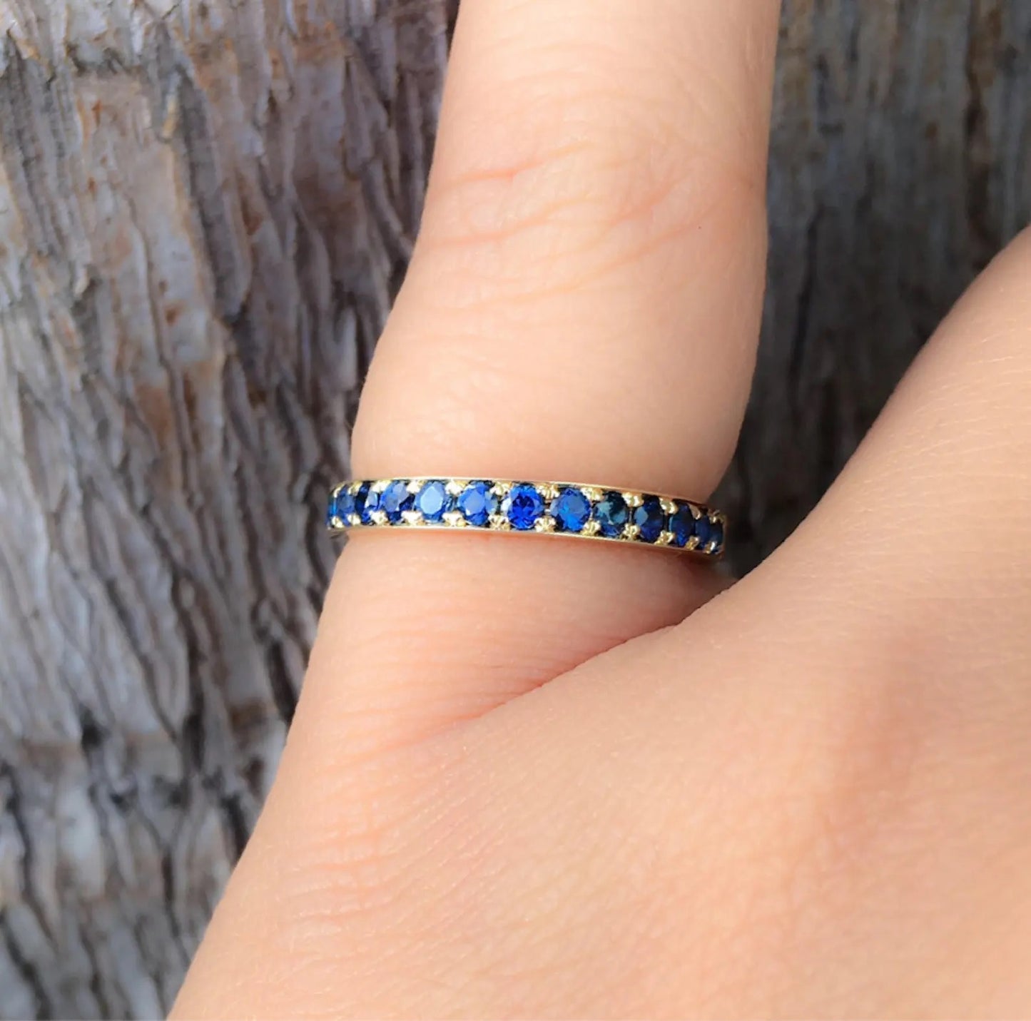Blue Sapphire Band/ 2.5mm Channel Pave Half Eternity Stacking Ring/ Bright Cut Blue Sapphire Wedding Anniversary Ring/ September Birthstone