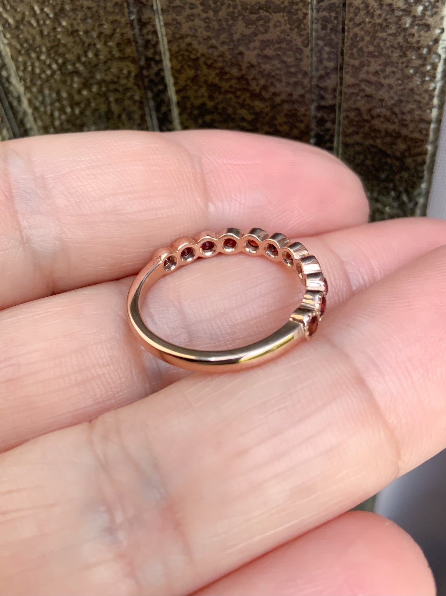 Garnet Stacking Ring/ 3mm Milgrain Bezel Garnet Wedding Band/ Half Eternity Scalloped Garnet Ring/ Anniversary Gift/ January Birthstone Ring