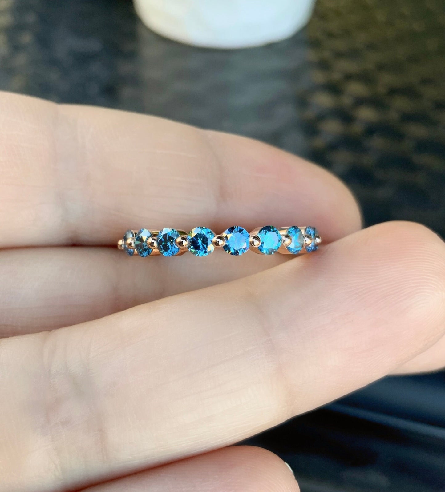 Blue Diamond Floating Bubble Ring/ 1ct Shared Prong Band/ 3mm Half Eternity Lab Grown Diamond Band/ 10 Stone Blue Diamond Stacking Ring