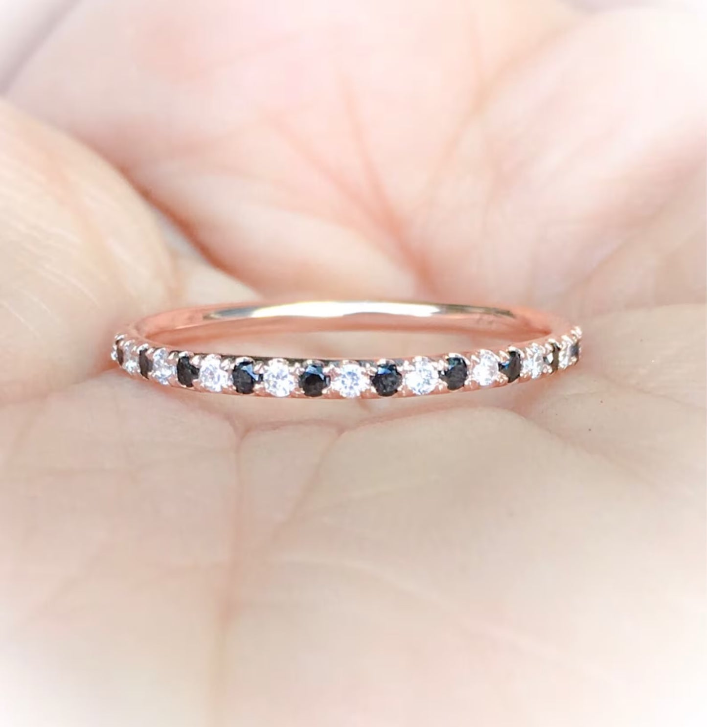 Alternating Black and White Diamond Unusual Eternity Band Ring Pave Half Eternity Wedding Anniversary Diamond Band 1.5mm April Unique Stack