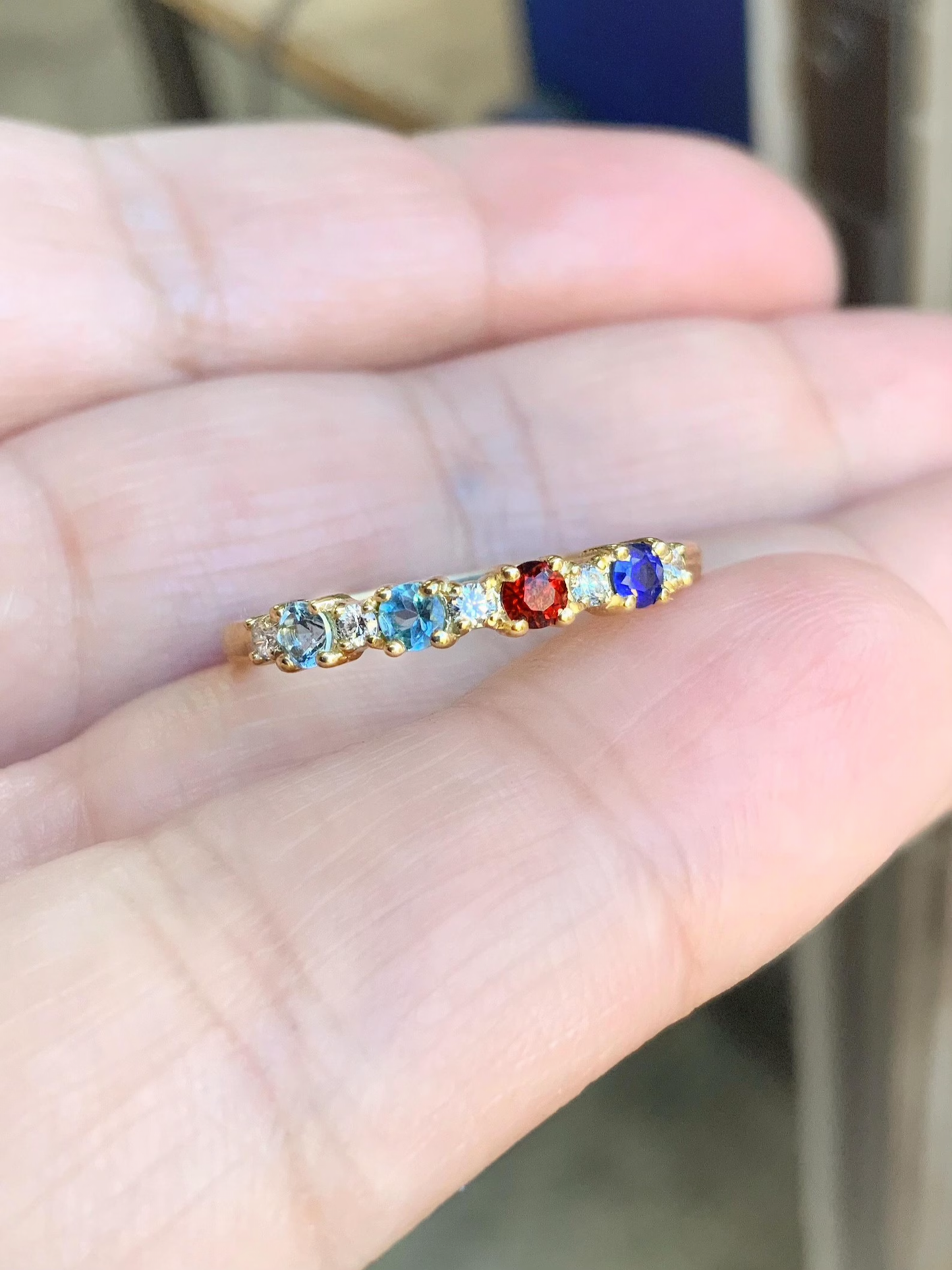 4 Stone Mother's Ring/ Personalized Family Birthstone Band Ring with Diamonds, Blue Sapphire, Garnet, London Blue Topaz, Aquamarine/ Custom Mother's Day Ring