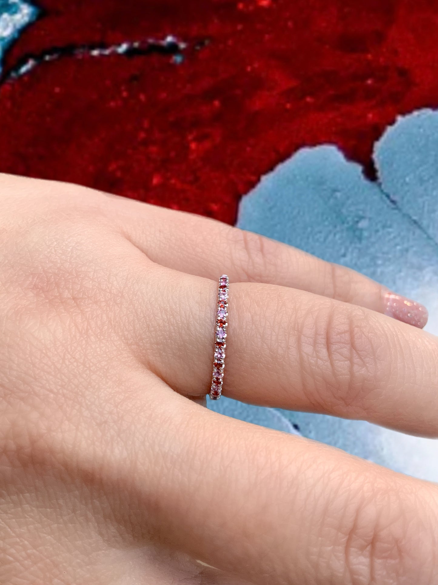 Garnet Pink Tourmaline Pave Band/ 1.5mm Alternating Half Eternity Stacking/ January October 2 Birthstone Ring/ Anniversary Gift Push Present
