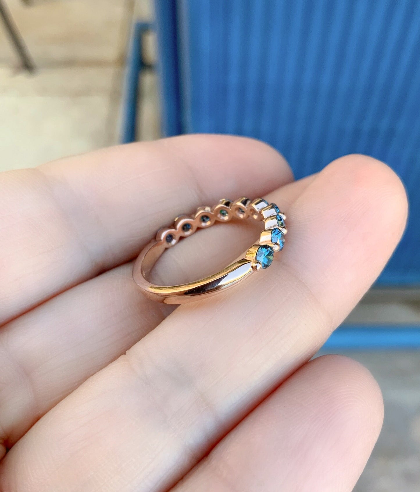 Blue Diamond Floating Bubble Ring/ 1ct Shared Prong Band/ 3mm Half Eternity Lab Grown Diamond Band/ 10 Stone Blue Diamond Stacking Ring
