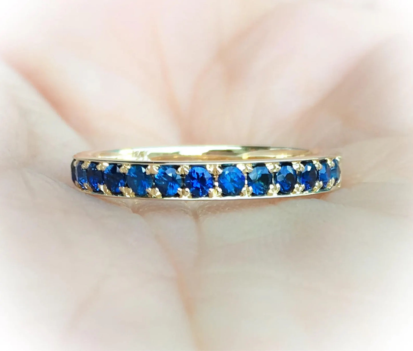 Blue Sapphire Band/ 2.5mm Channel Pave Half Eternity Stacking Ring/ Bright Cut Blue Sapphire Wedding Anniversary Ring/ September Birthstone