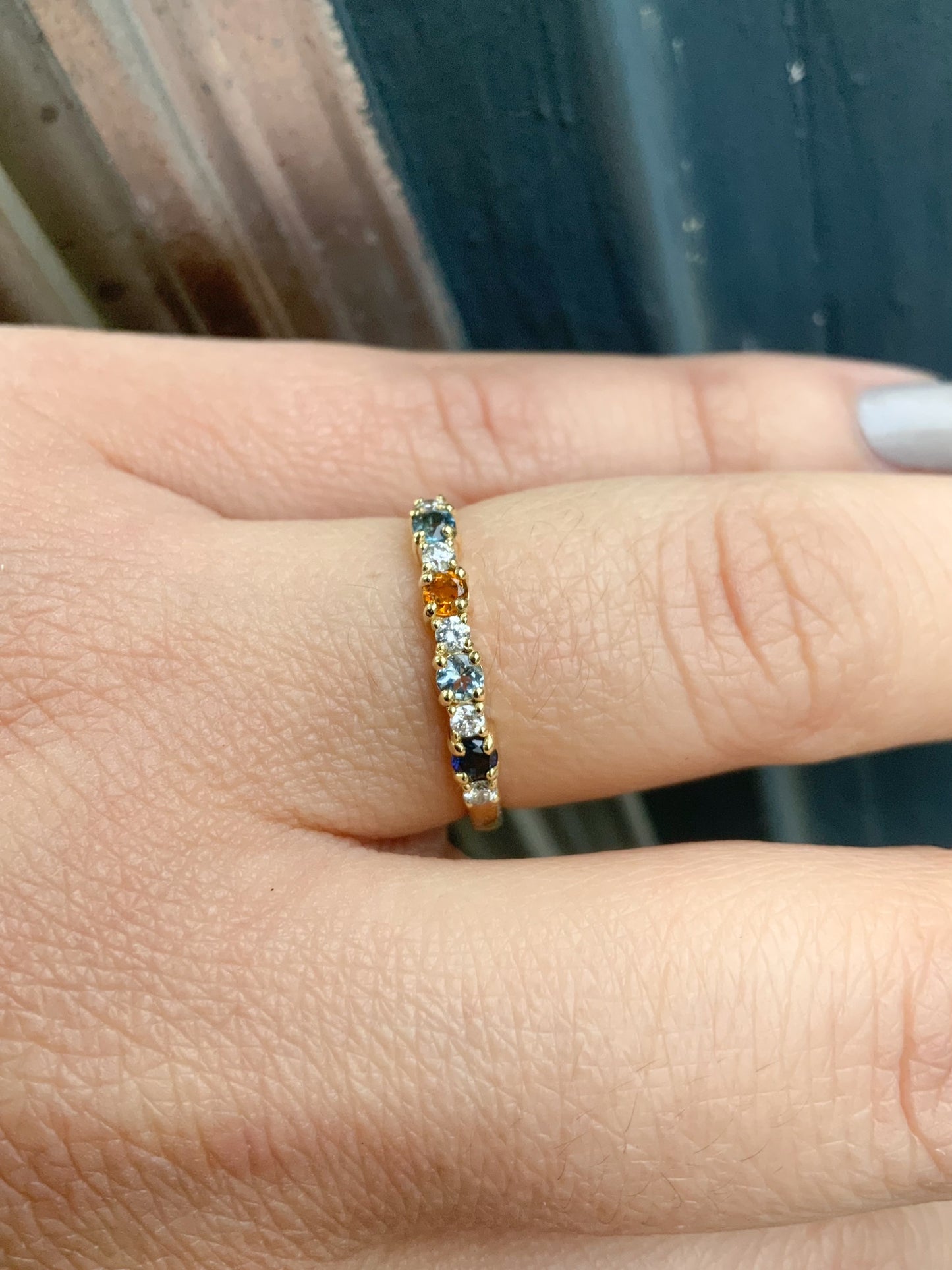 Mother's Ring/ 4 Stone Personalized Family Birthstone Ring w Diamonds/ Multi Stone Ring: London Blue Topaz Citrine Aquamarine Blue Sapphire