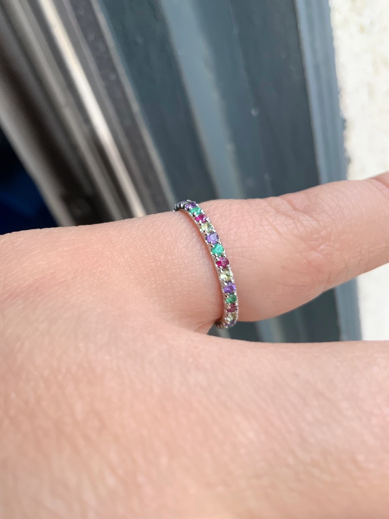 Emerald Ruby Peridot Amethyst Band/ 2mm Alternating Pave Full Eternity Stacking Ring/ 4 Birthstone Mother's Ring/ May July August February