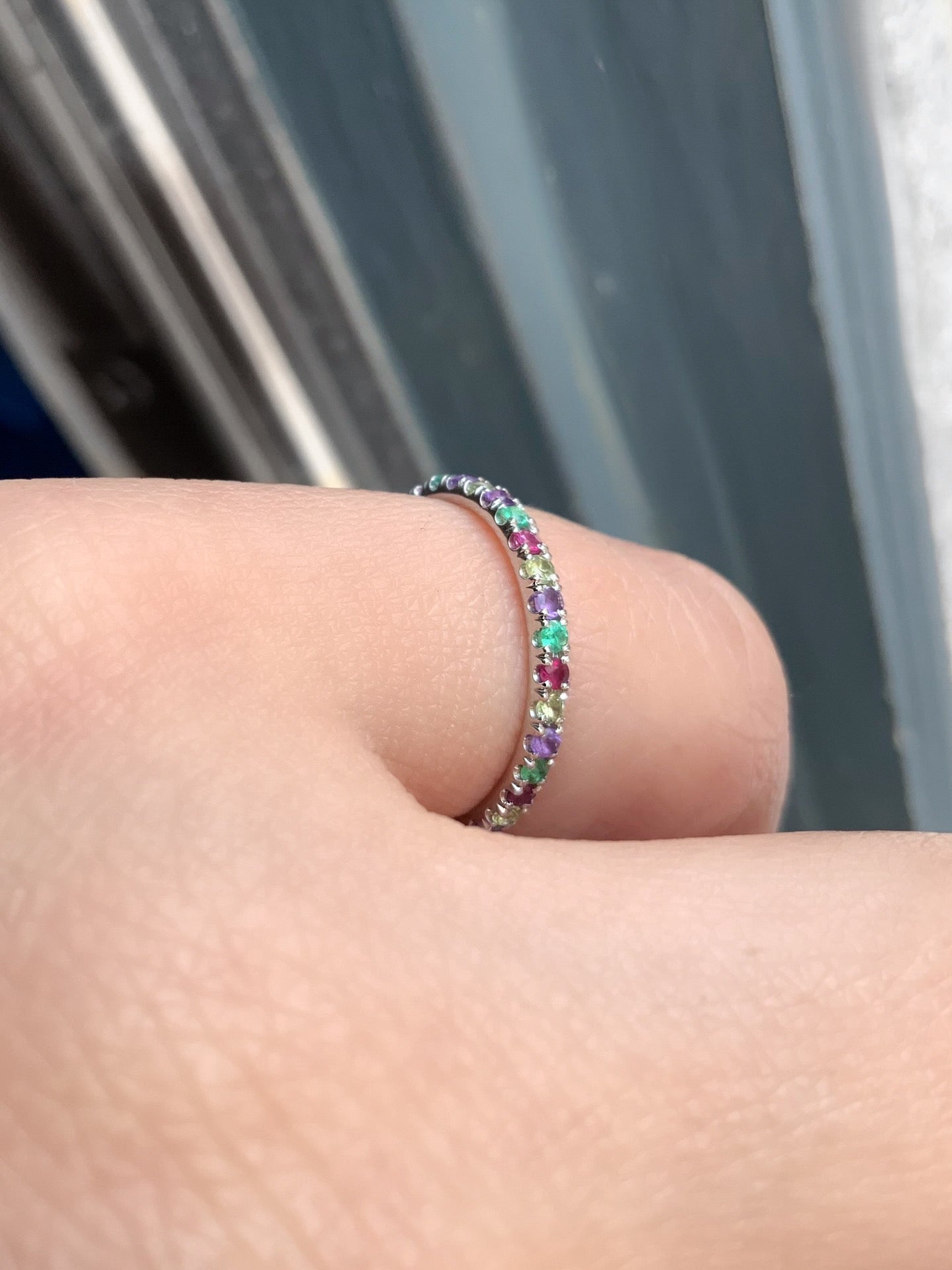 Emerald Ruby Peridot Amethyst Band/ 2mm Alternating Pave Full Eternity Stacking Ring/ 4 Birthstone Mother's Ring/ May July August February