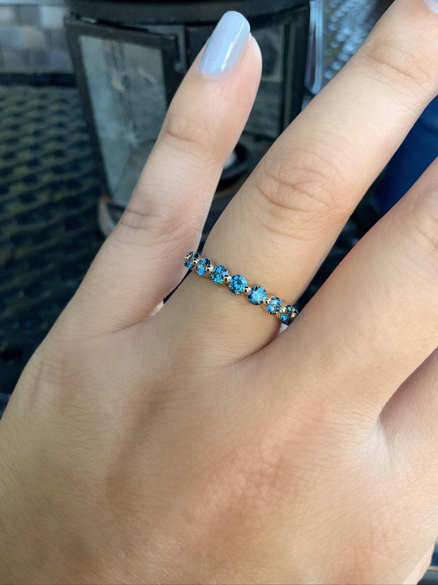 Blue Diamond Floating Bubble Ring/ 1ct Shared Prong Band/ 3mm Half Eternity Lab Grown Diamond Band/ 10 Stone Blue Diamond Stacking Ring