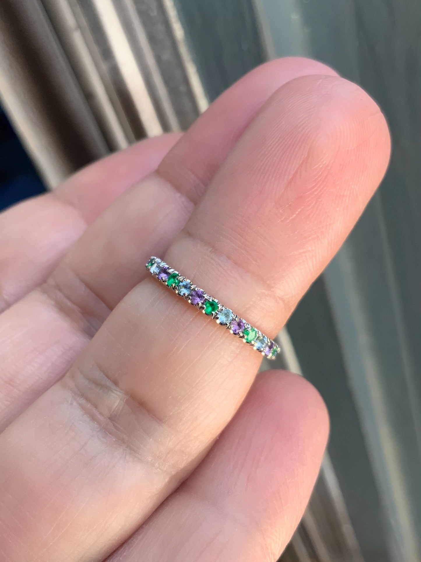 Emerald Aquamarine Amethyst Band/ 2mm Alternating Pave Full Eternity Ring/ 3 Birthstone Infinity Stacking/ May March February Mother's Ring