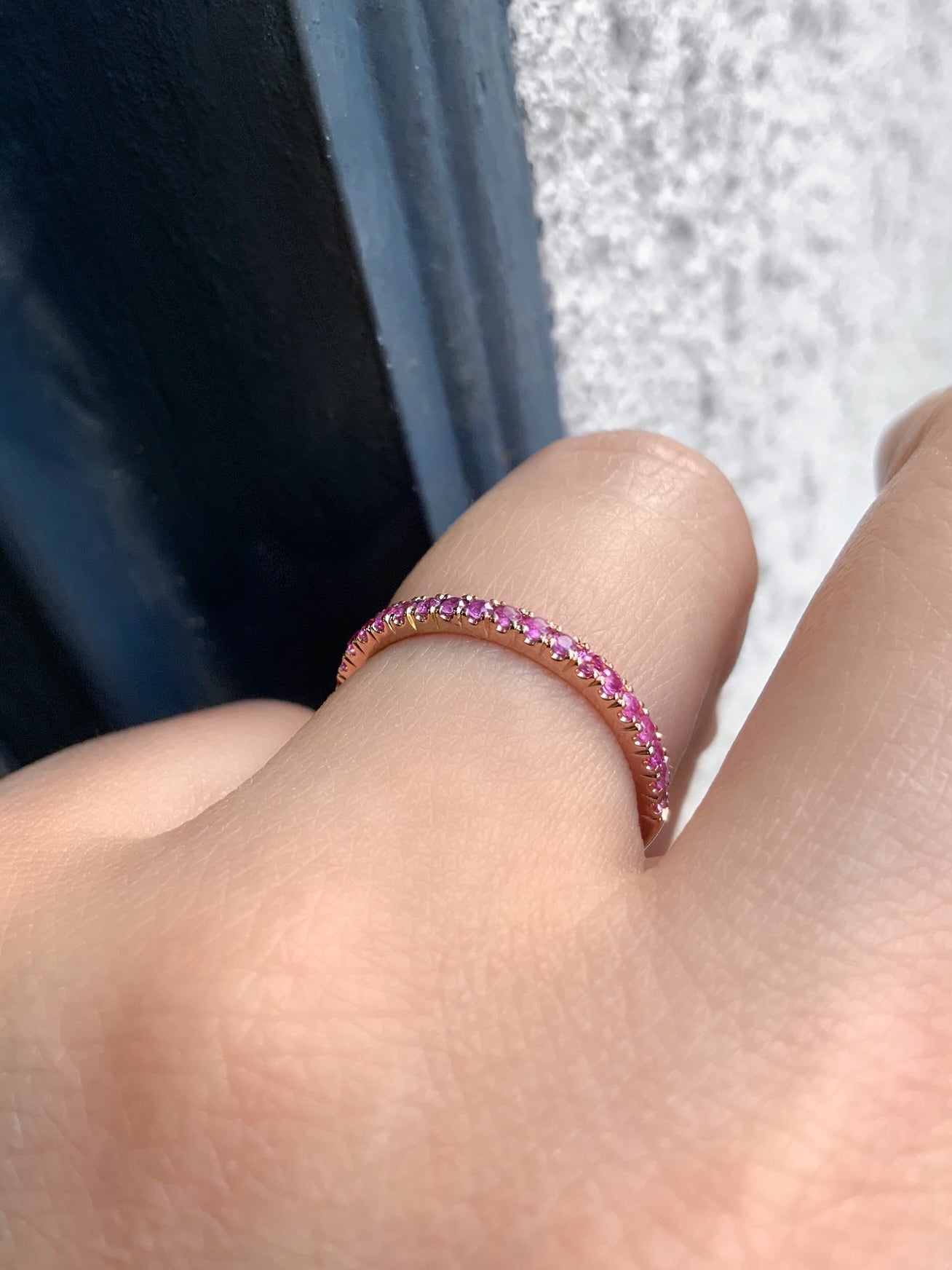 Pink Sapphire Half Eternity Ring/ 2mm Pave Pink Sapphire Wedding Band/ September Birthstone Stacking Ring/ Push Present Ring/ Gold, Platinum