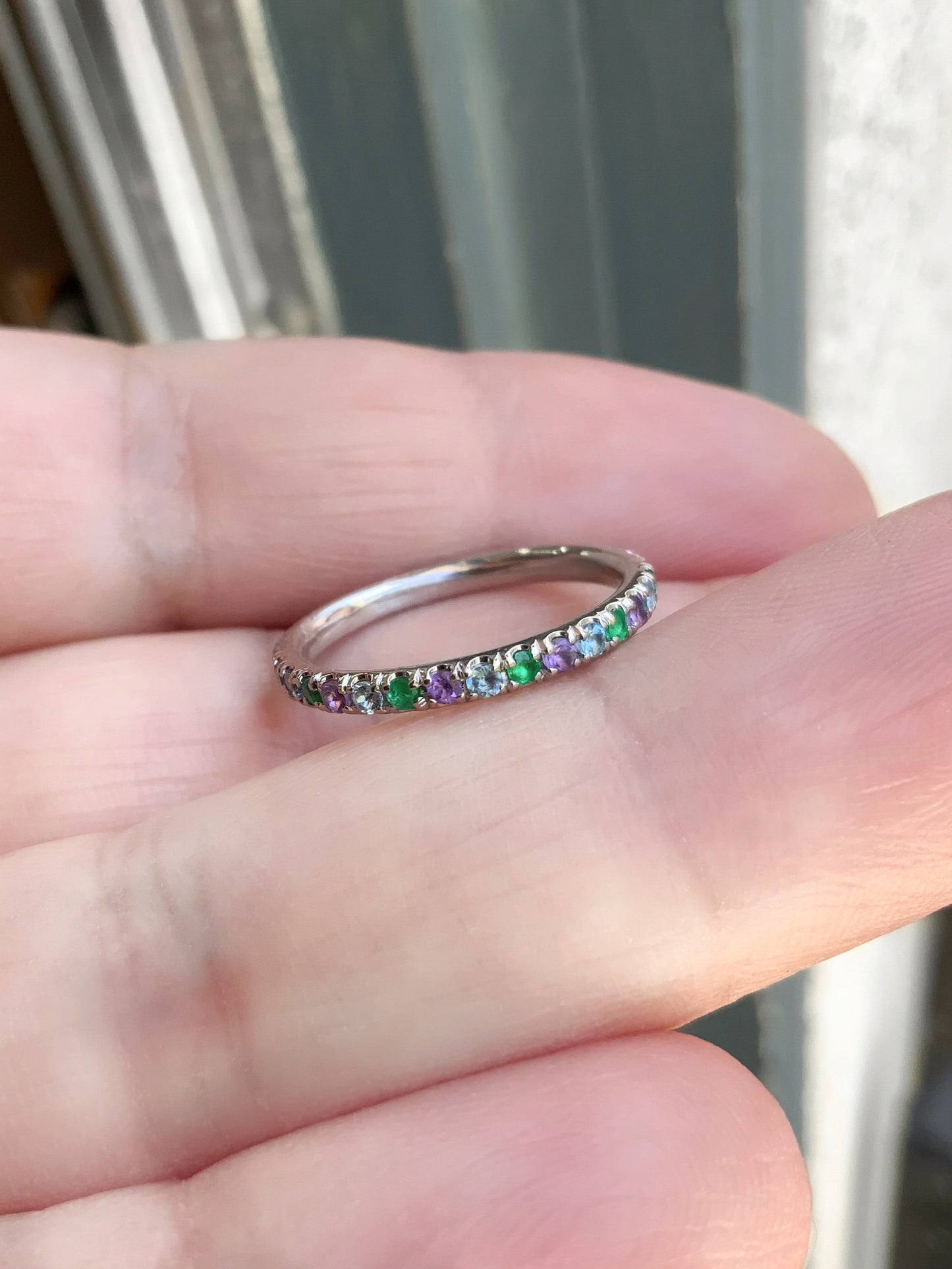 Emerald Aquamarine Amethyst Band/ 2mm Alternating Pave Full Eternity Ring/ 3 Birthstone Infinity Stacking/ May March February Mother's Ring