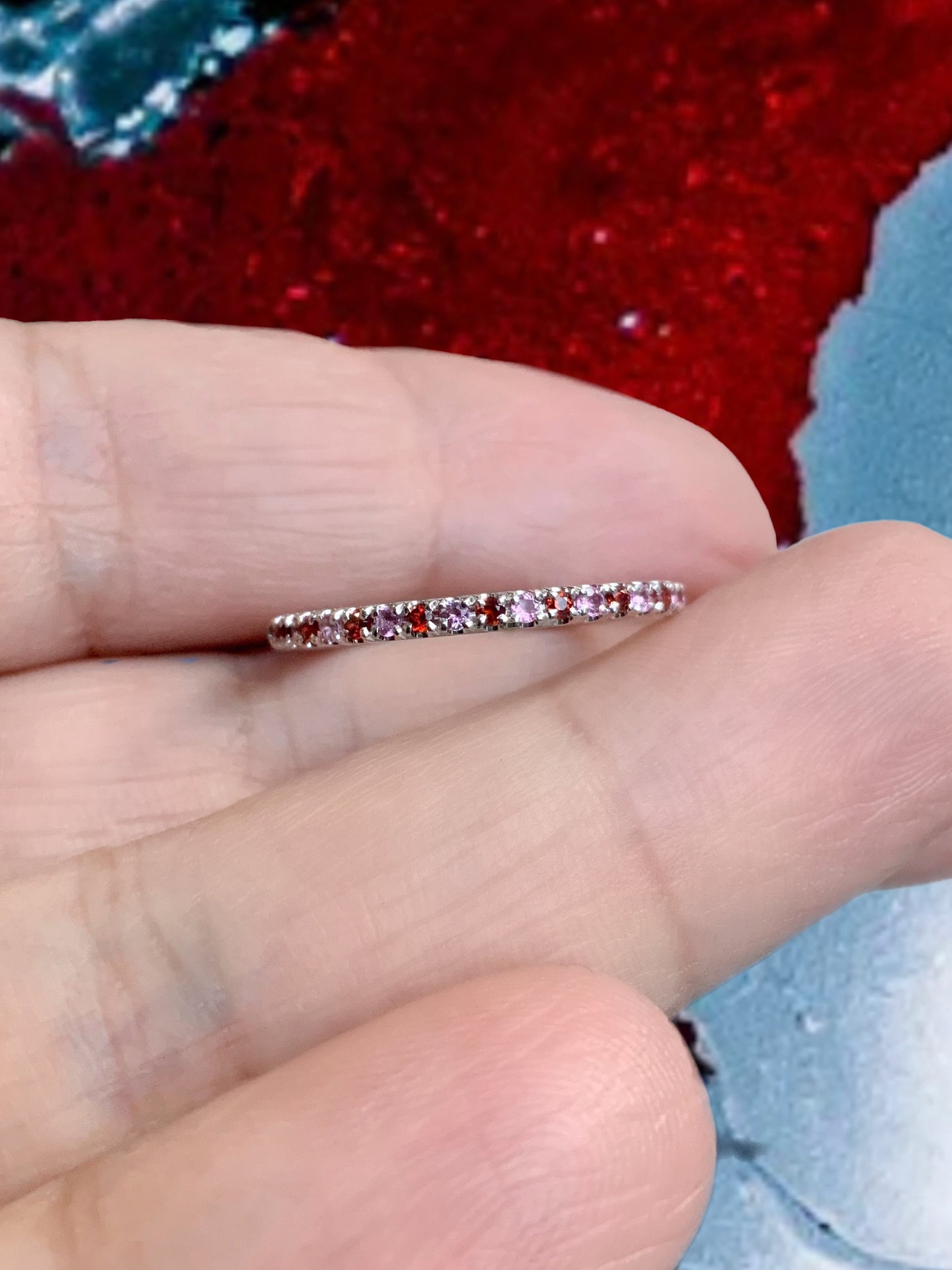 Garnet Pink Tourmaline Pave Band/ 1.5mm Alternating Half Eternity Stacking/ January October 2 Birthstone Ring/ Anniversary Gift Push Present