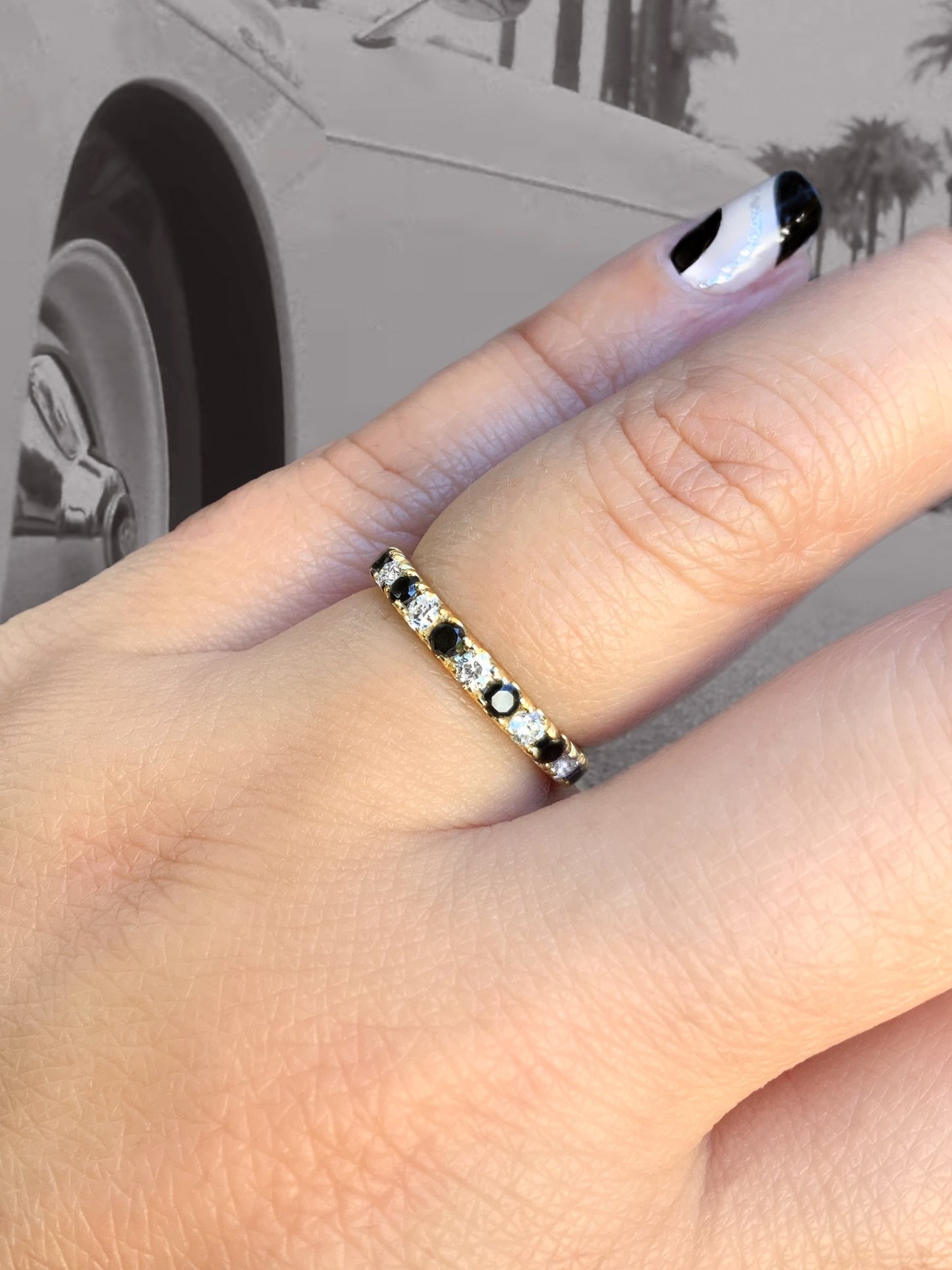 14K Black n White Diamond Ring/ 2.7mm Pave Half Eternity Band with Alternating Natural Diamonds/ Monochrome Diamond Ring