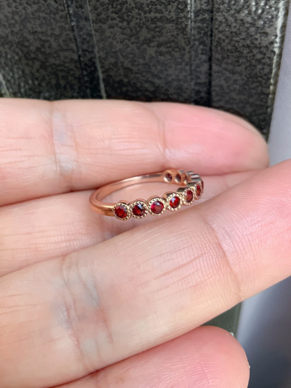 Garnet Stacking Ring/ 3mm Milgrain Bezel Garnet Wedding Band/ Half Eternity Scalloped Garnet Ring/ Anniversary Gift/ January Birthstone Ring