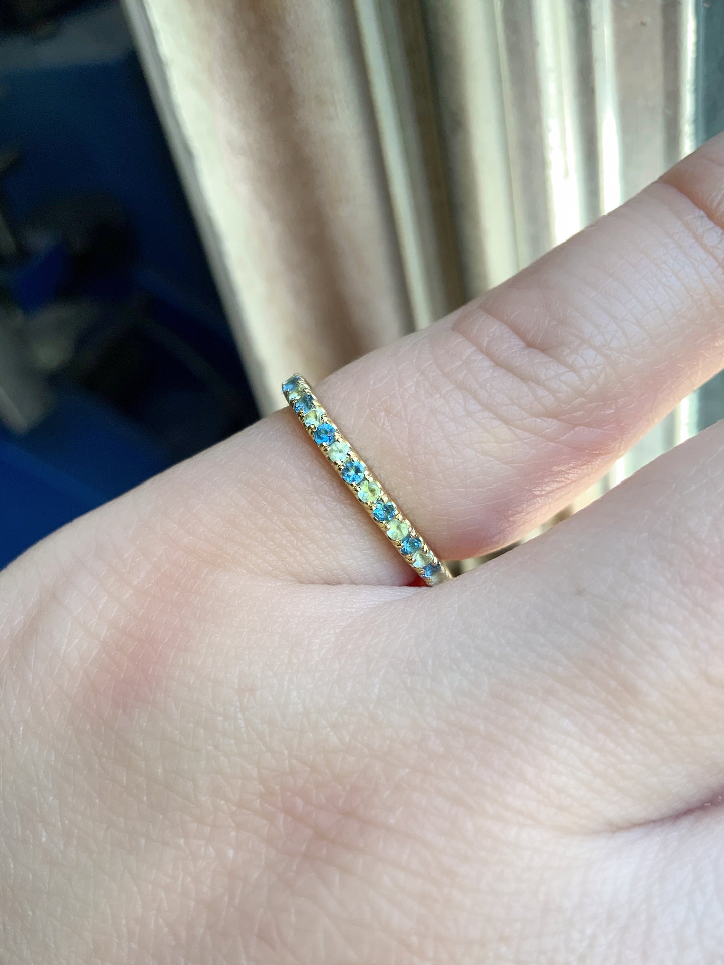 Peridot London Blue Topaz Stacking Ring/ 2mm Pave Half Eternity Band with Alternating Topaz Peridot/ August December Birthstone Mothers Ring