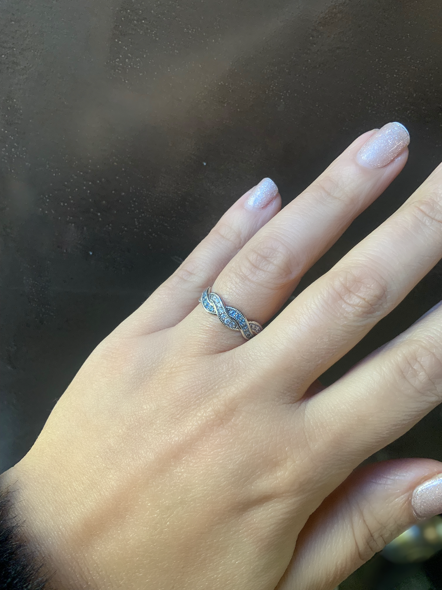 Aquamarine Diamond Twisted Ring/ 6mm Full Eternity Pave Milgrain Twist Band/ Diamond Aquamarine Overlapping Intertwined Wave Ring 18KW, #5