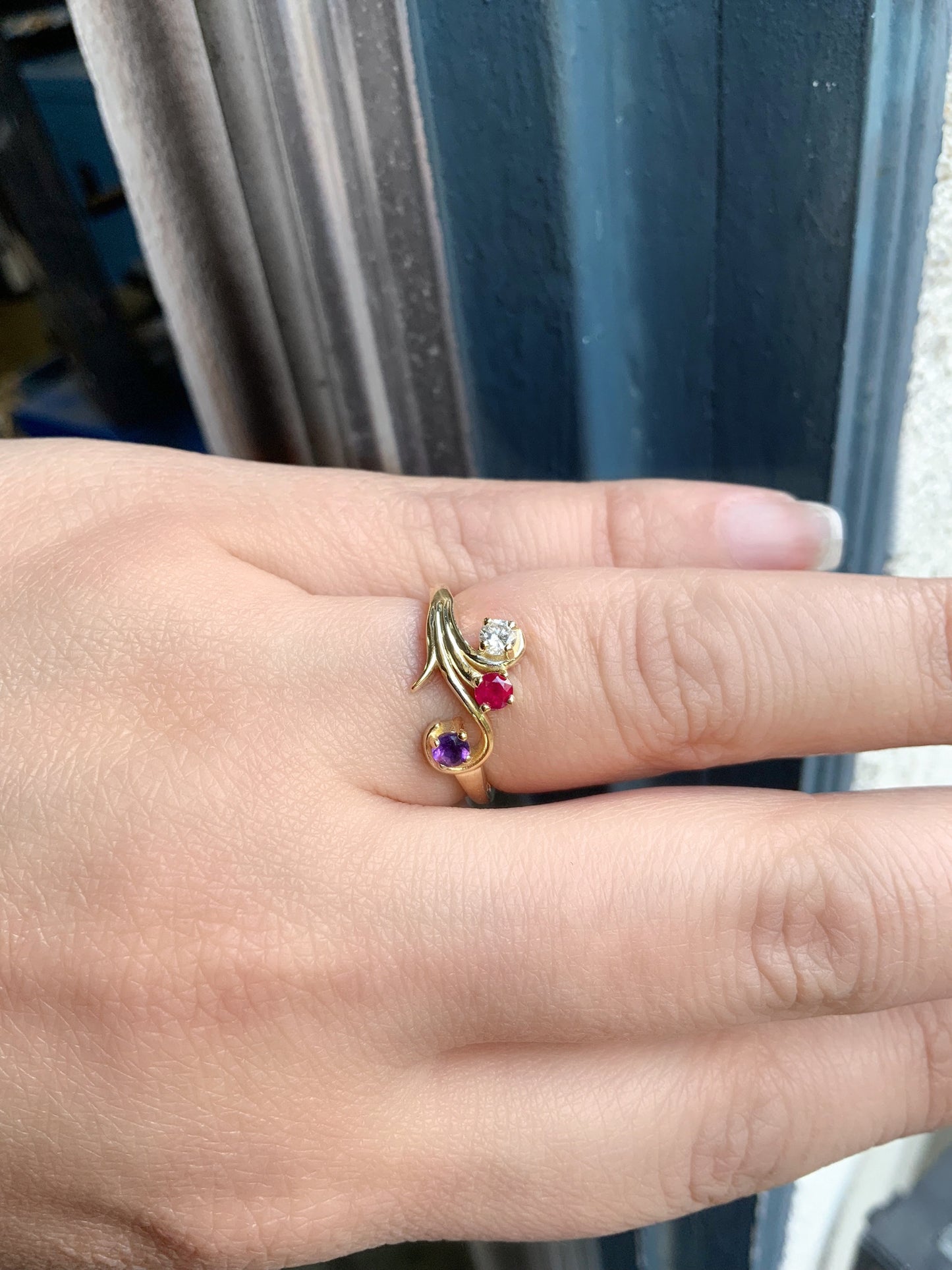 3 Stone Mother's Ring/ Tree Leaf Nature Inspired Floral Design/ Personalized Family Birthstone Twig Ring/ Diamond Ruby Amethyst Branch Ring
