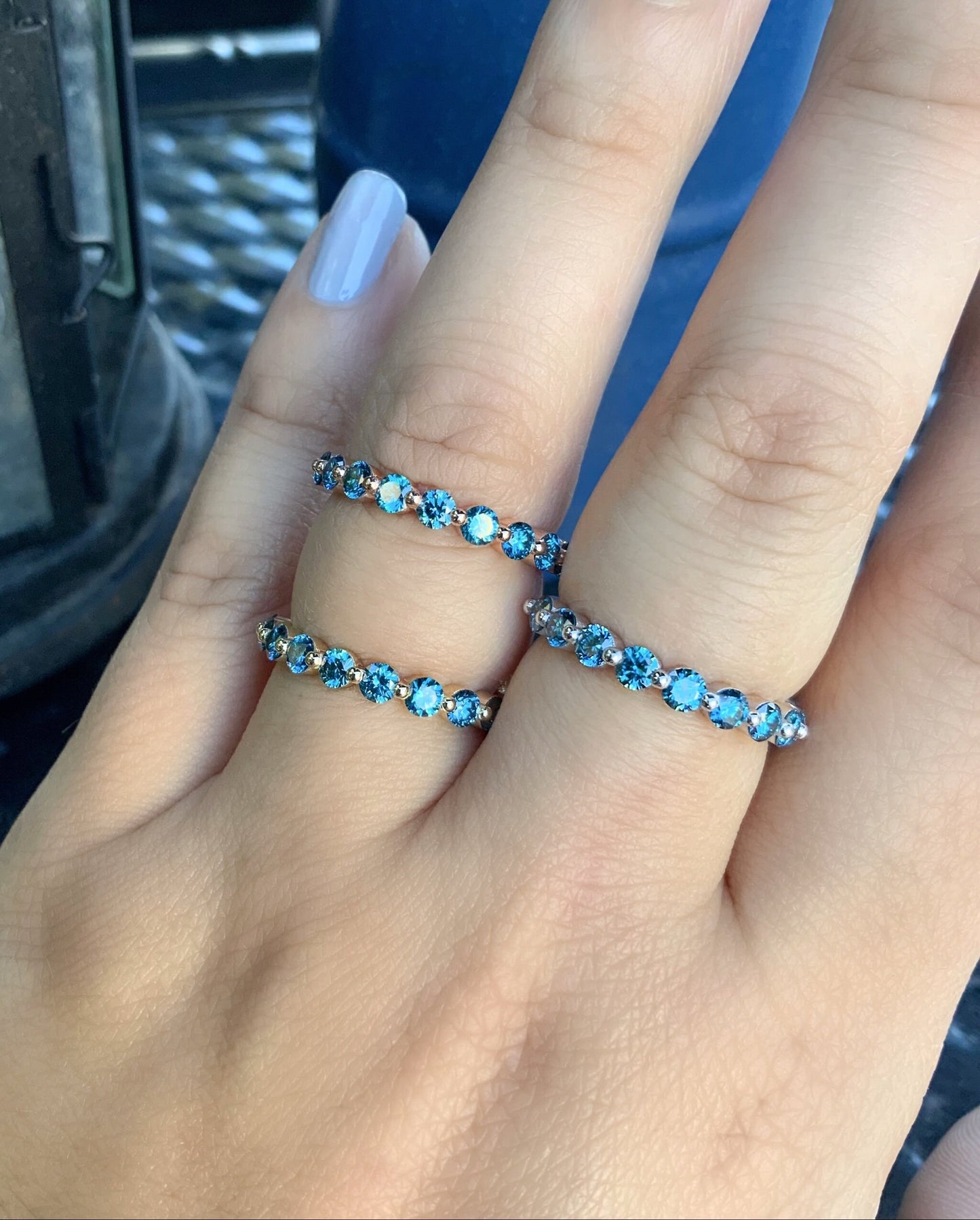 Blue Diamond Floating Bubble Ring/ 1ct Shared Prong Band/ 3mm Half Eternity Lab Grown Diamond Band/ 10 Stone Blue Diamond Stacking Ring