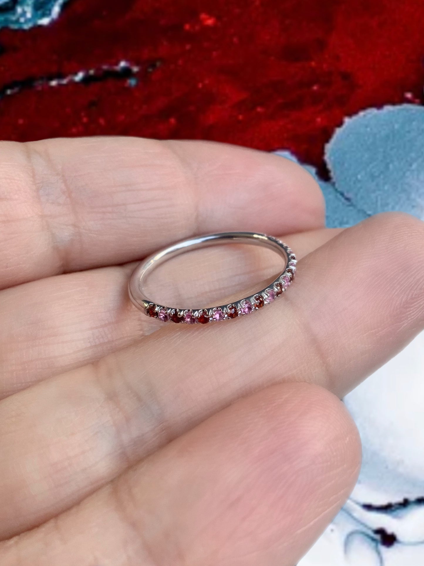 Garnet Pink Tourmaline Pave Band/ 1.5mm Alternating Half Eternity Stacking/ January October 2 Birthstone Ring/ Anniversary Gift Push Present
