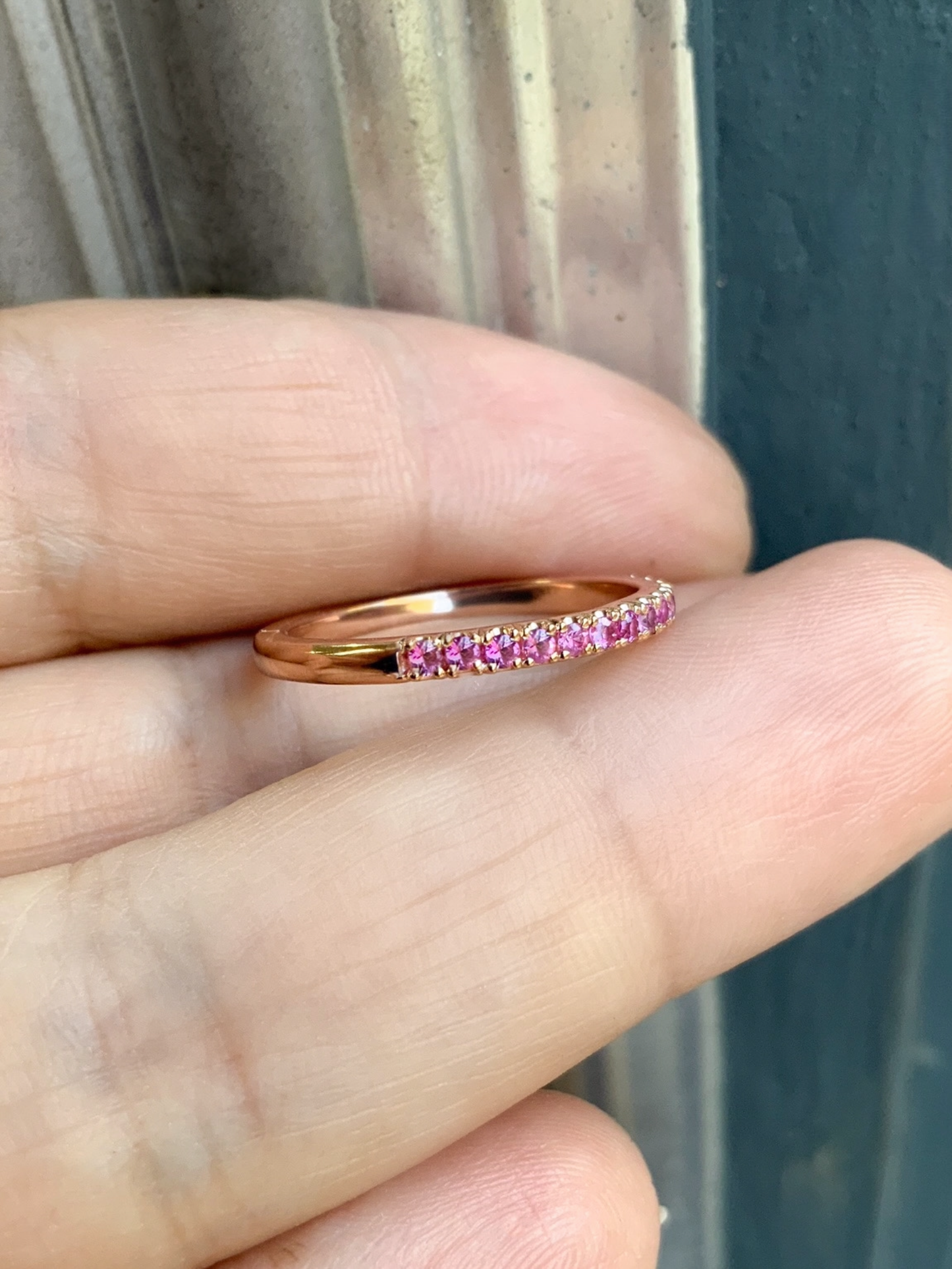 Pink Sapphire Half Eternity Ring/ 2mm Pave Pink Sapphire Wedding Band/ September Birthstone Stacking Ring/ Push Present Ring/ Gold, Platinum
