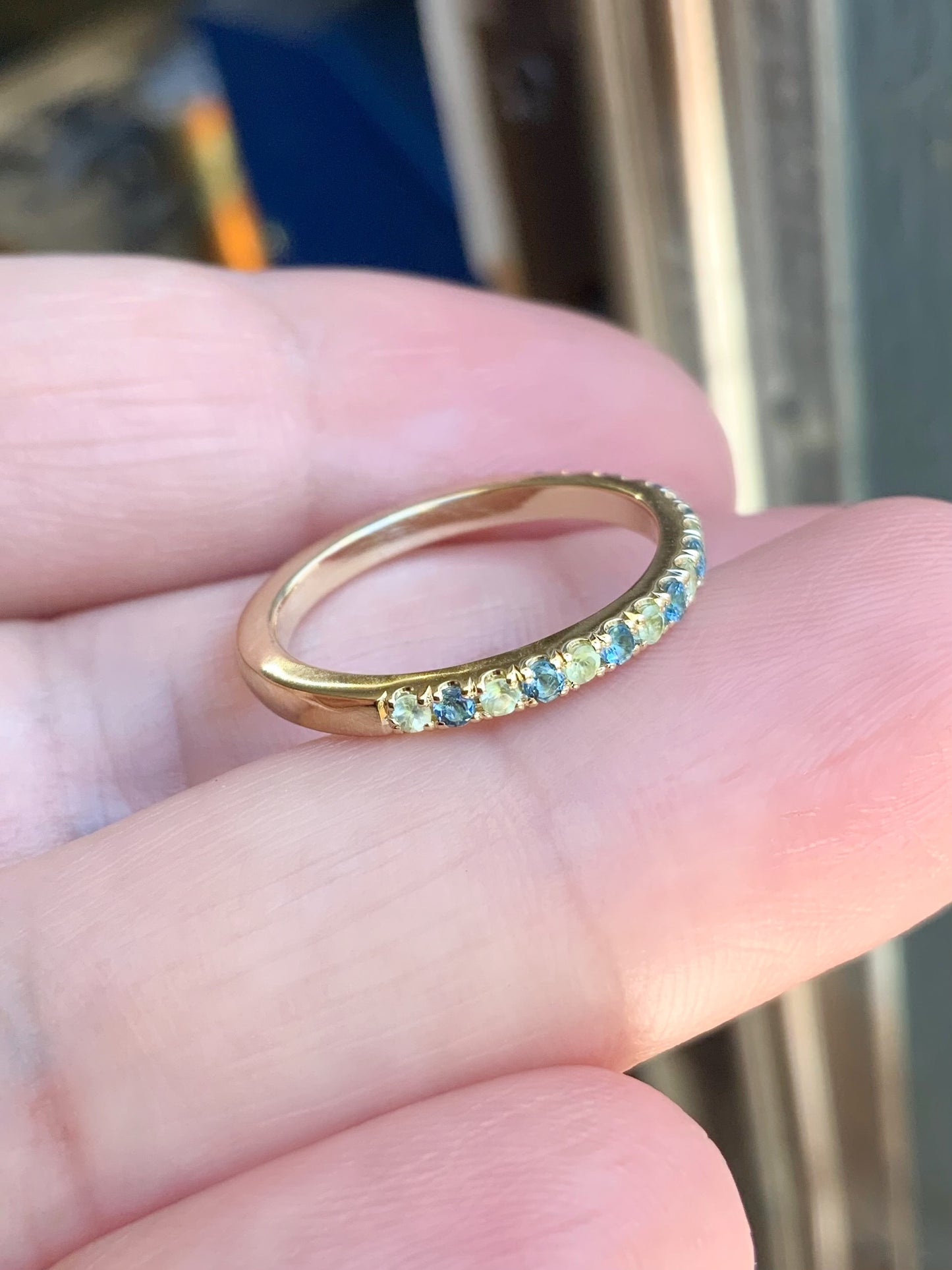Peridot London Blue Topaz Stacking Ring/ 2mm Pave Half Eternity Band with Alternating Topaz Peridot/ August December Birthstone Mothers Ring