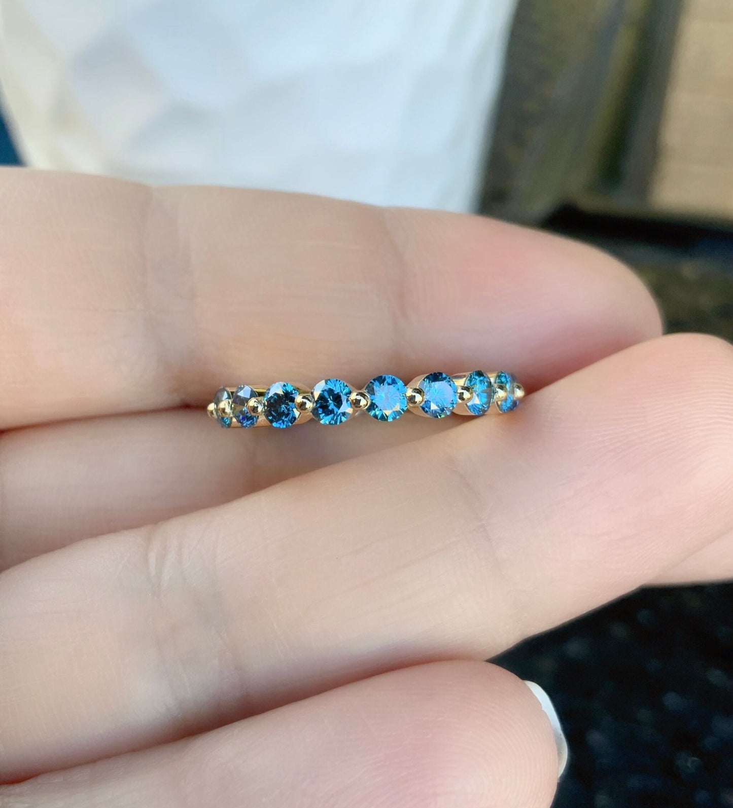 Blue Diamond Floating Bubble Ring/ 1ct Shared Prong Band/ 3mm Half Eternity Lab Grown Diamond Band/ 10 Stone Blue Diamond Stacking Ring