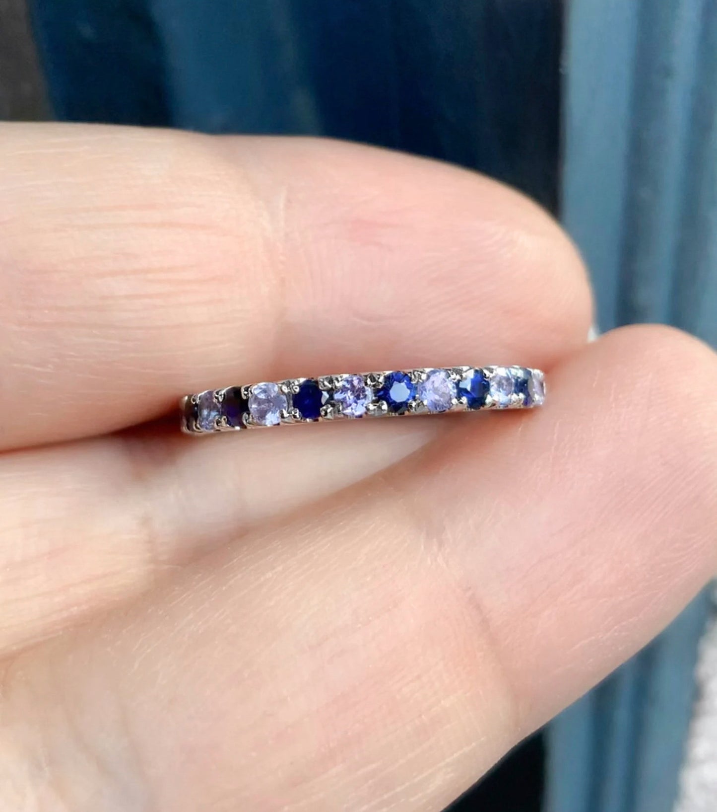 Tanzanite Blue Sapphire Band/ Alternating 2 Birthstone 2.3mm Pave Half Eternity Ring/ Sapphire Tanzanite September December Stacking Ring