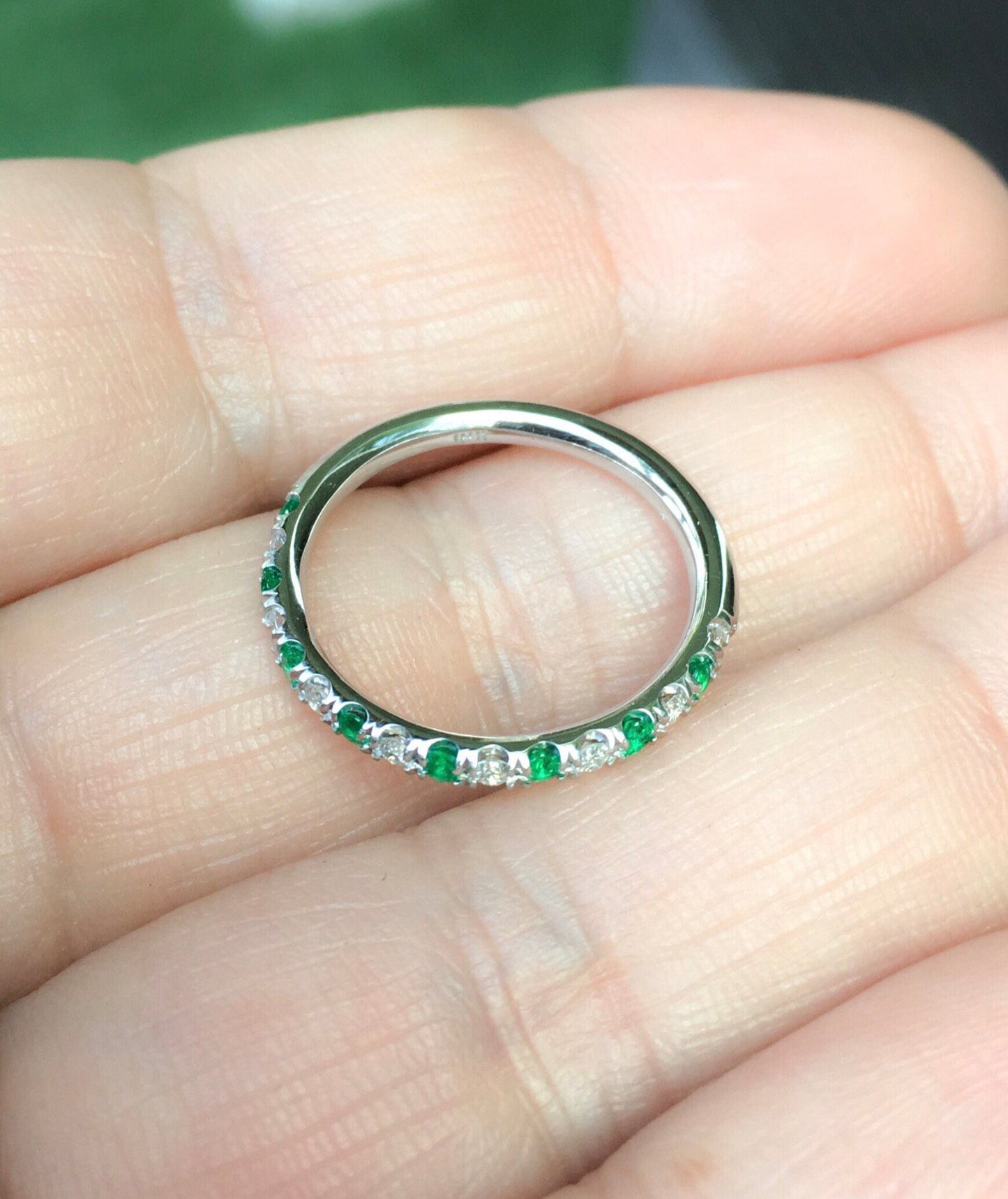 Alternating Emerald and Diamond Eternity Band/ 2mm Ring Diamond & Emerald/ Half Eternity Ring/ Diamond Wedding Band/ Anniversary Stack Band
