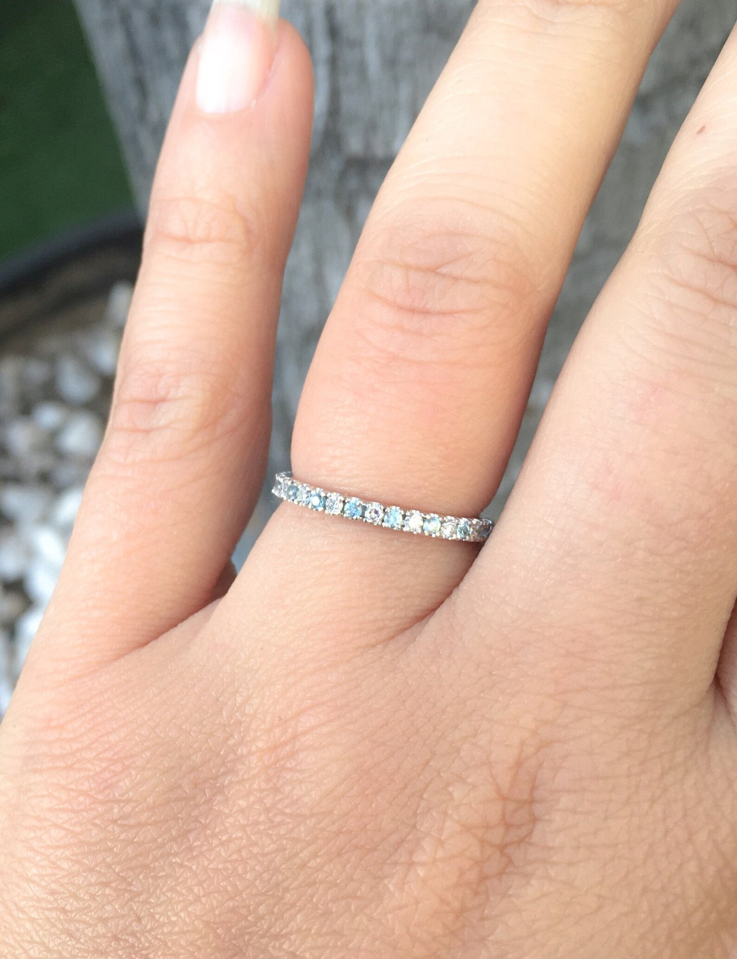 Blue Zircon Diamond Band/ 2mm Alternating Diamond Blue Zircon Pave Half Eternity Ring/ Diamond Blue Zircon Wedding Band or Anniversary Stack