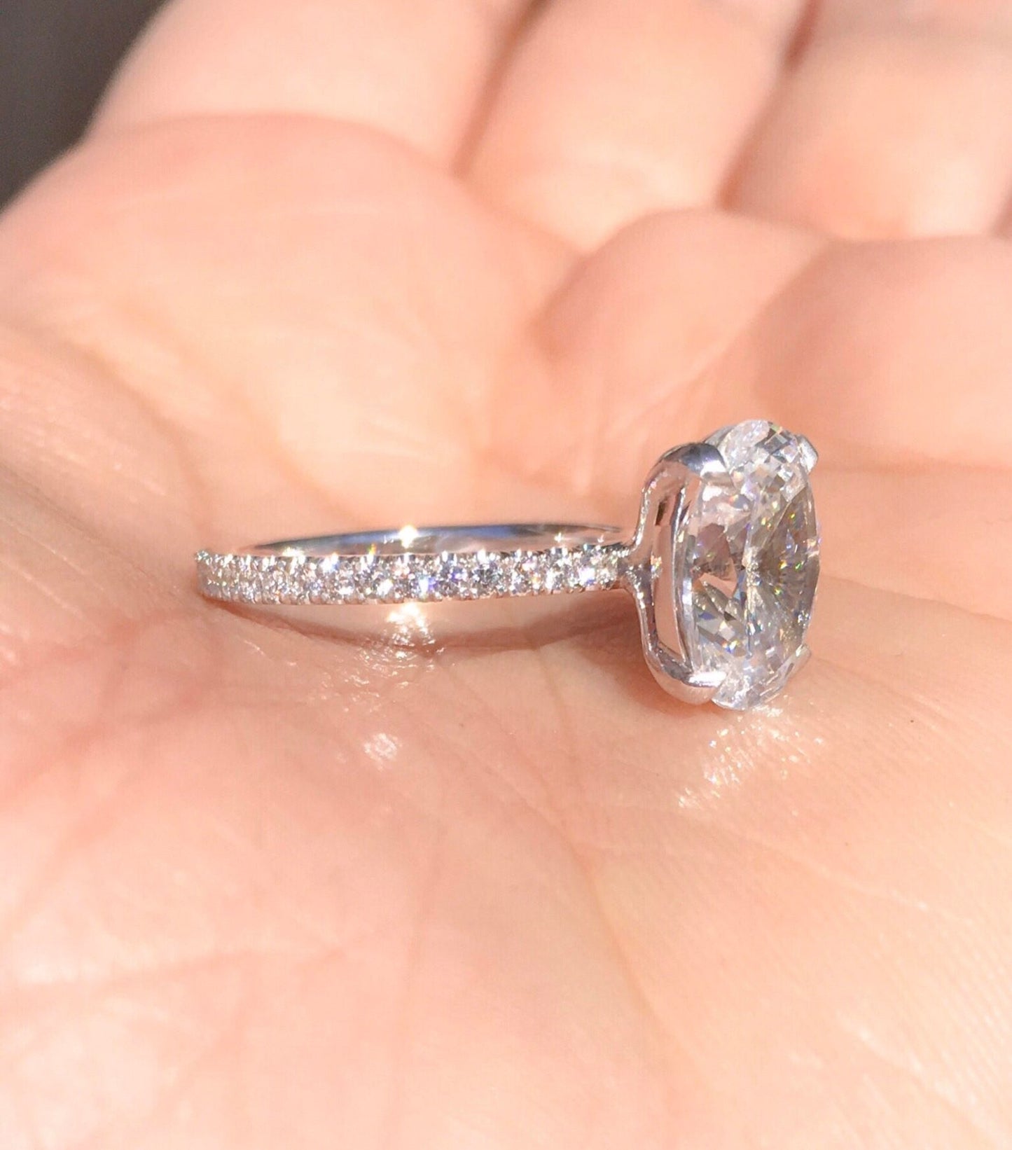 Reserved for Ryan ONLY/ 14K White Gold Solitaire Ring/ 1.5ct Oval Moissanite Ring with Natural Diamonds Pave Set All the Way Around