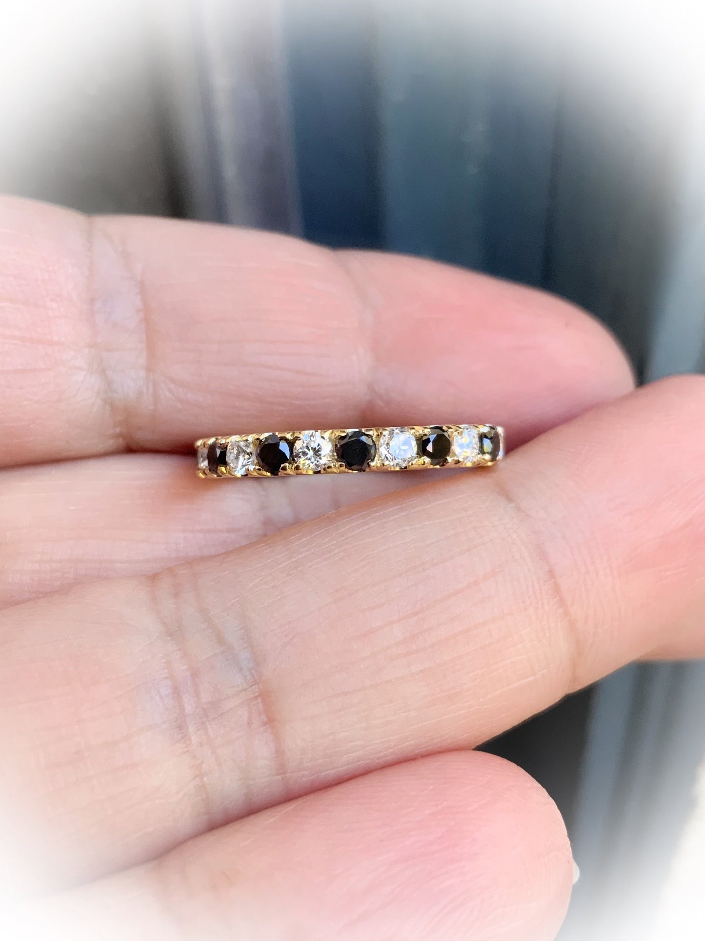 14K Black n White Diamond Ring/ 2.7mm Pave Half Eternity Band with Alternating Natural Diamonds/ Monochrome Diamond Ring