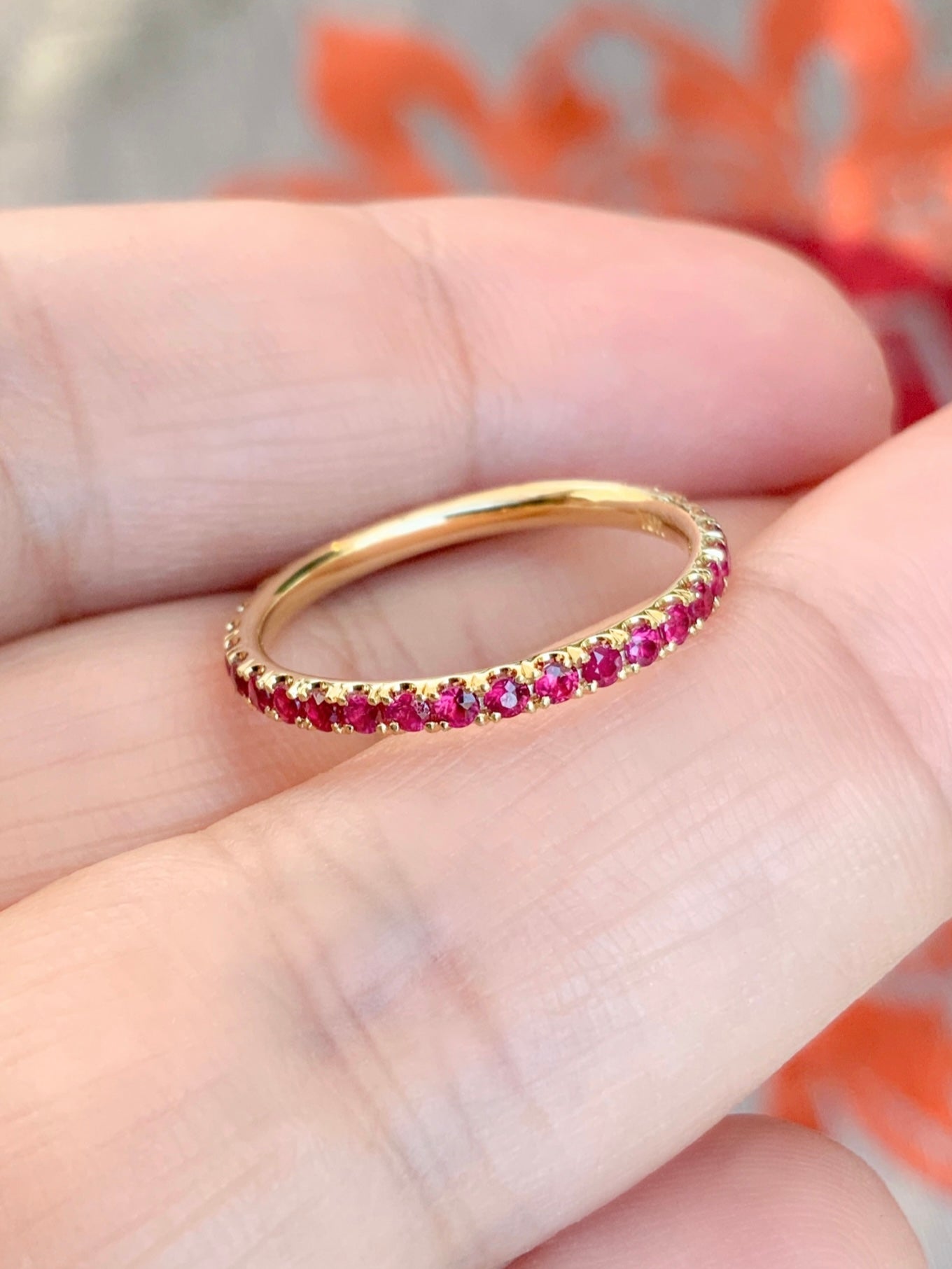 Ruby Stacking Ring/ 2mm Pave Full Eternity Band/ Natural Ruby July Birthstone Infinity Guard Ring/ Wedding, Anniversary, Push Present Ring
