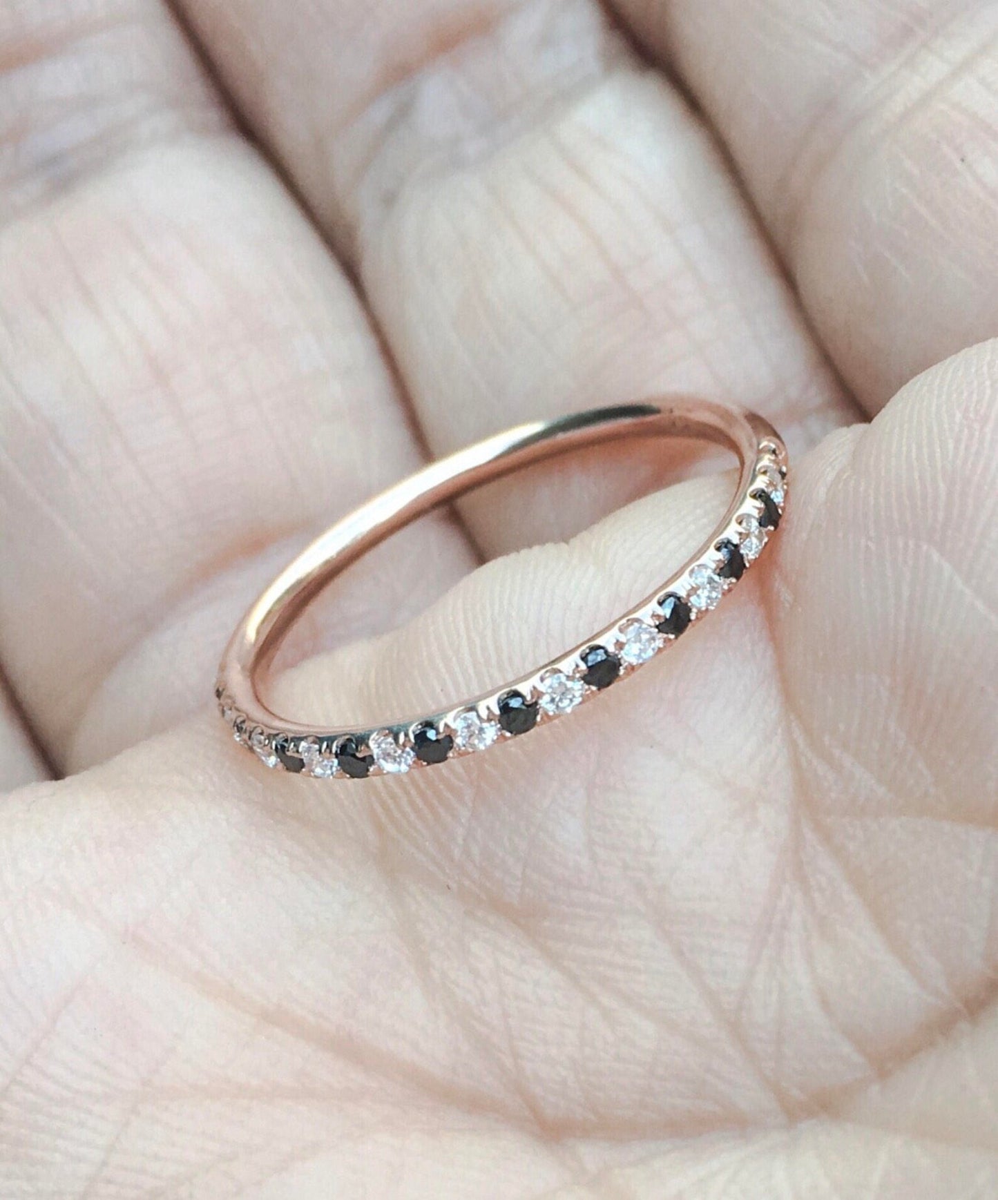 Alternating Black and White Diamond Unusual Eternity Band Ring Pave Half Eternity Wedding Anniversary Diamond Band 1.5mm April Unique Stack
