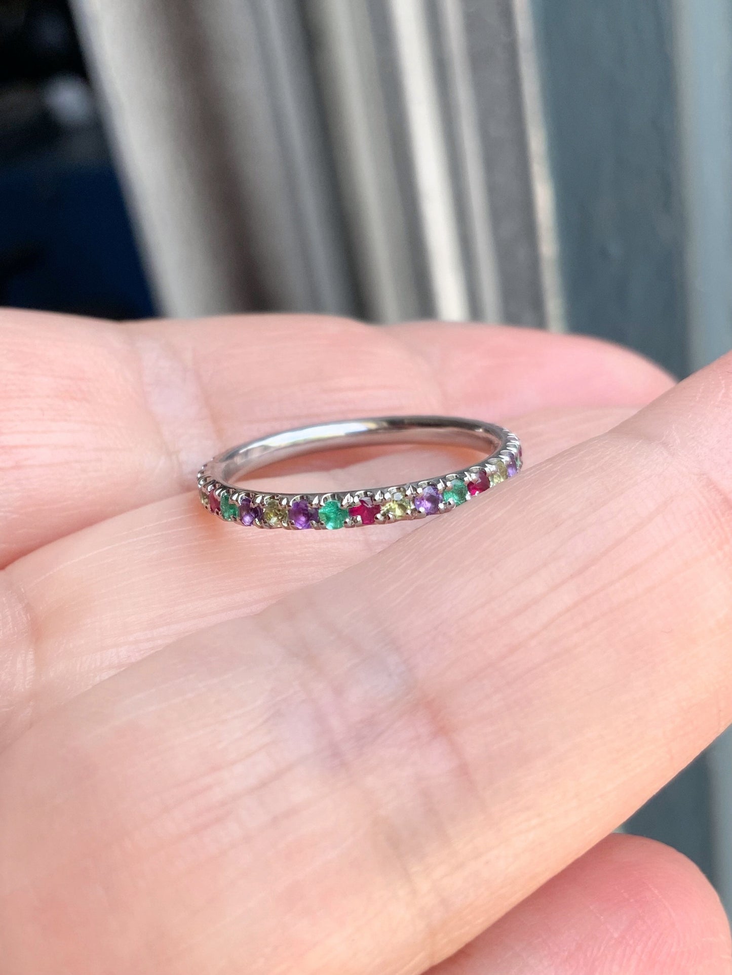 Emerald Ruby Peridot Amethyst Band/ 2mm Alternating Pave Full Eternity Stacking Ring/ 4 Birthstone Mother's Ring/ May July August February