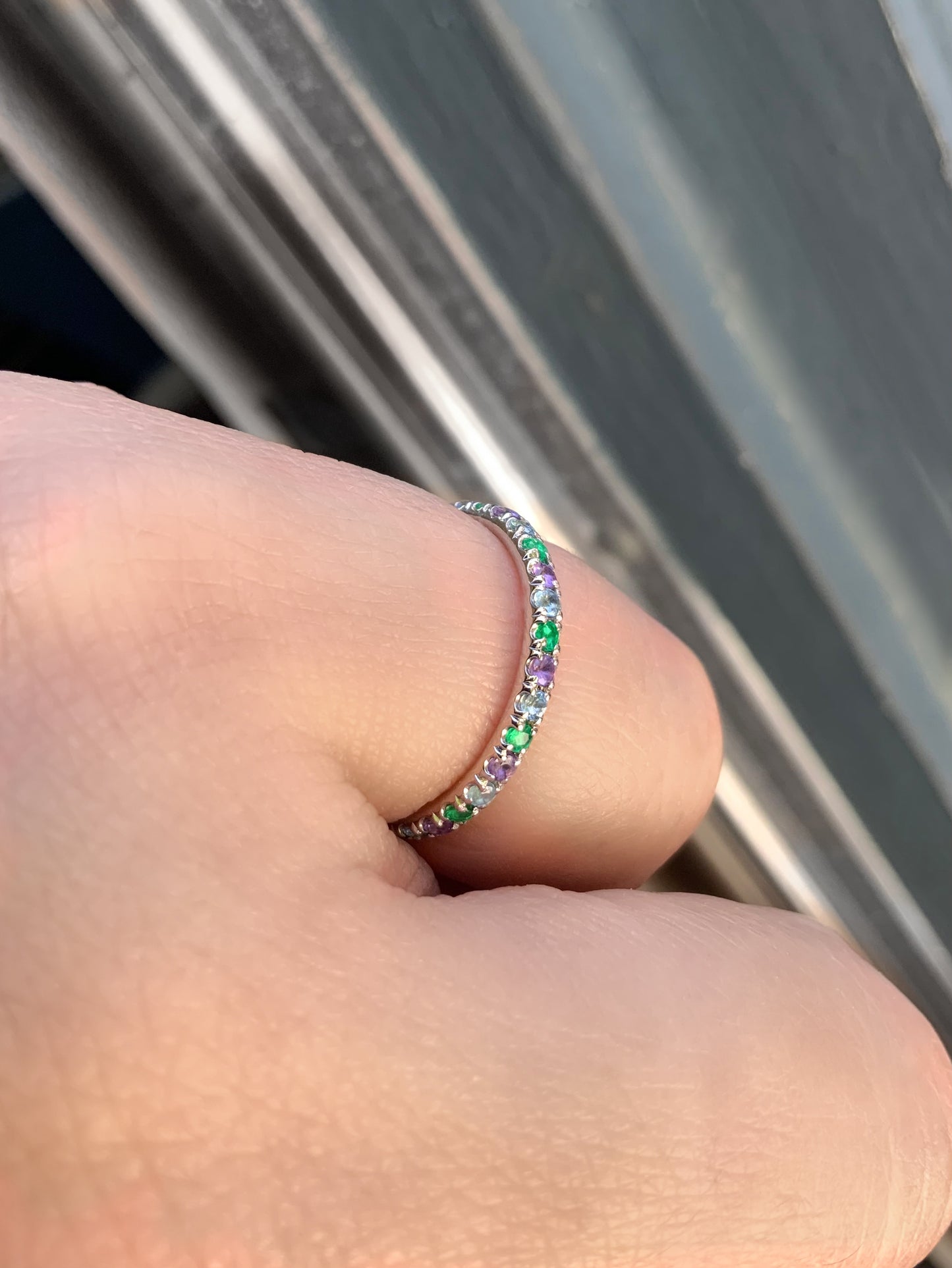 Emerald Aquamarine Amethyst Band/ 2mm Alternating Pave Full Eternity Ring/ 3 Birthstone Infinity Stacking/ May March February Mother's Ring