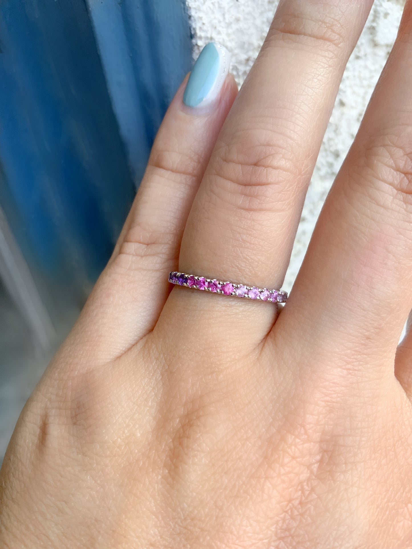 Purple Pink Ombre Ring/ Gradient Pink Sapphire Amethyst Pave Stacking Ring/ 2.3mm Half Eternity Unique Wedding Band/ 10K 14K 18K or Platinum