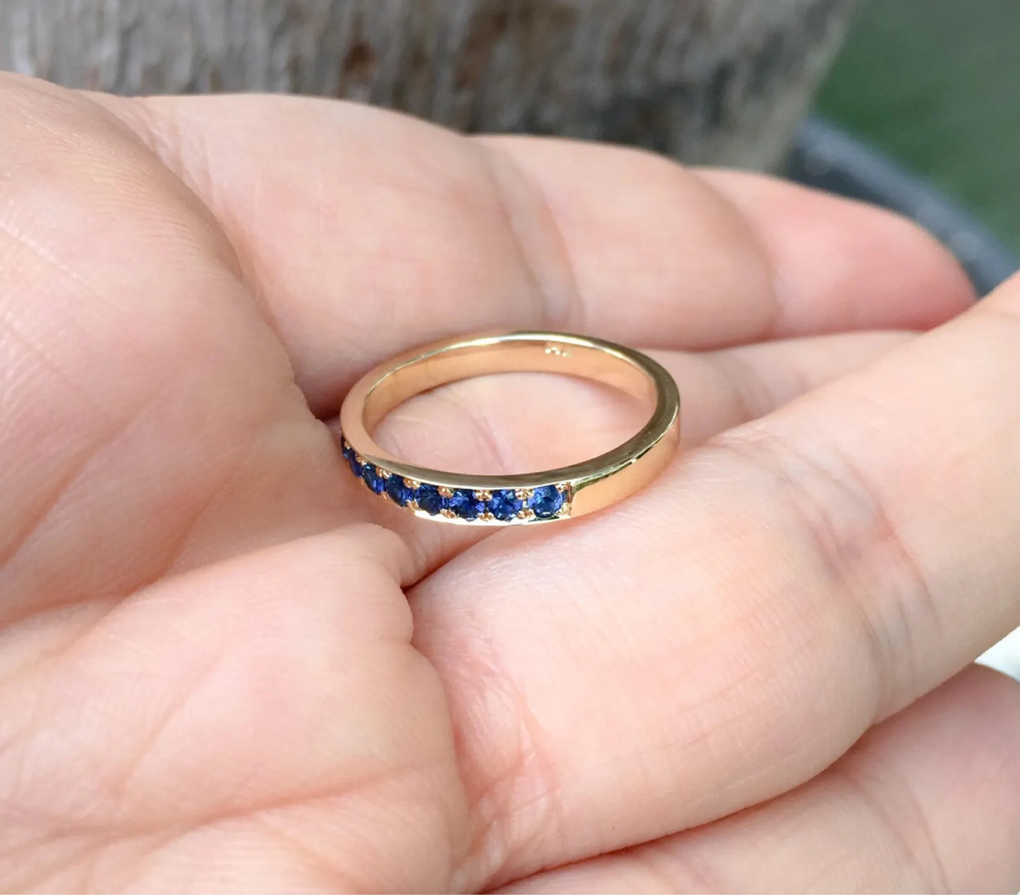 Blue Sapphire Band/ 2.5mm Channel Pave Half Eternity Stacking Ring/ Bright Cut Blue Sapphire Wedding Anniversary Ring/ September Birthstone