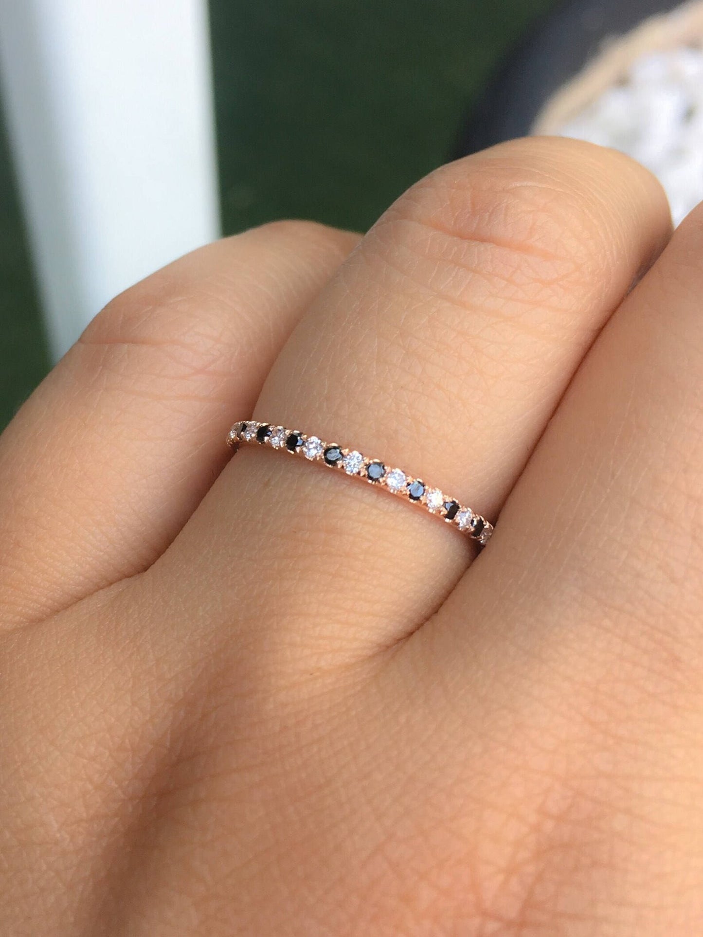 Alternating Black and White Diamond Unusual Eternity Band Ring Pave Half Eternity Wedding Anniversary Diamond Band 1.5mm April Unique Stack
