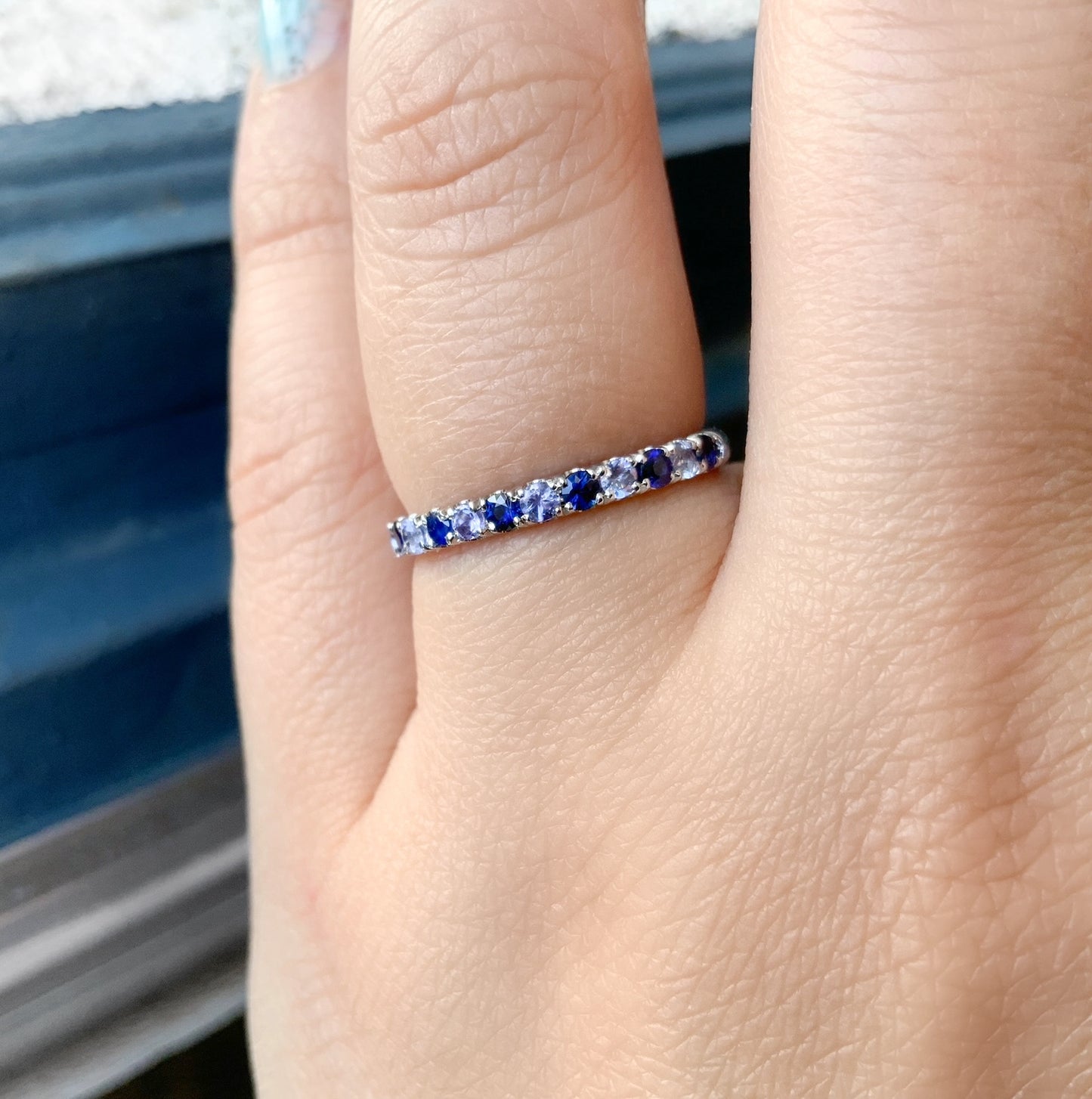 Tanzanite Blue Sapphire Band/ Alternating 2 Birthstone 2.3mm Pave Half Eternity Ring/ Sapphire Tanzanite September December Stacking Ring