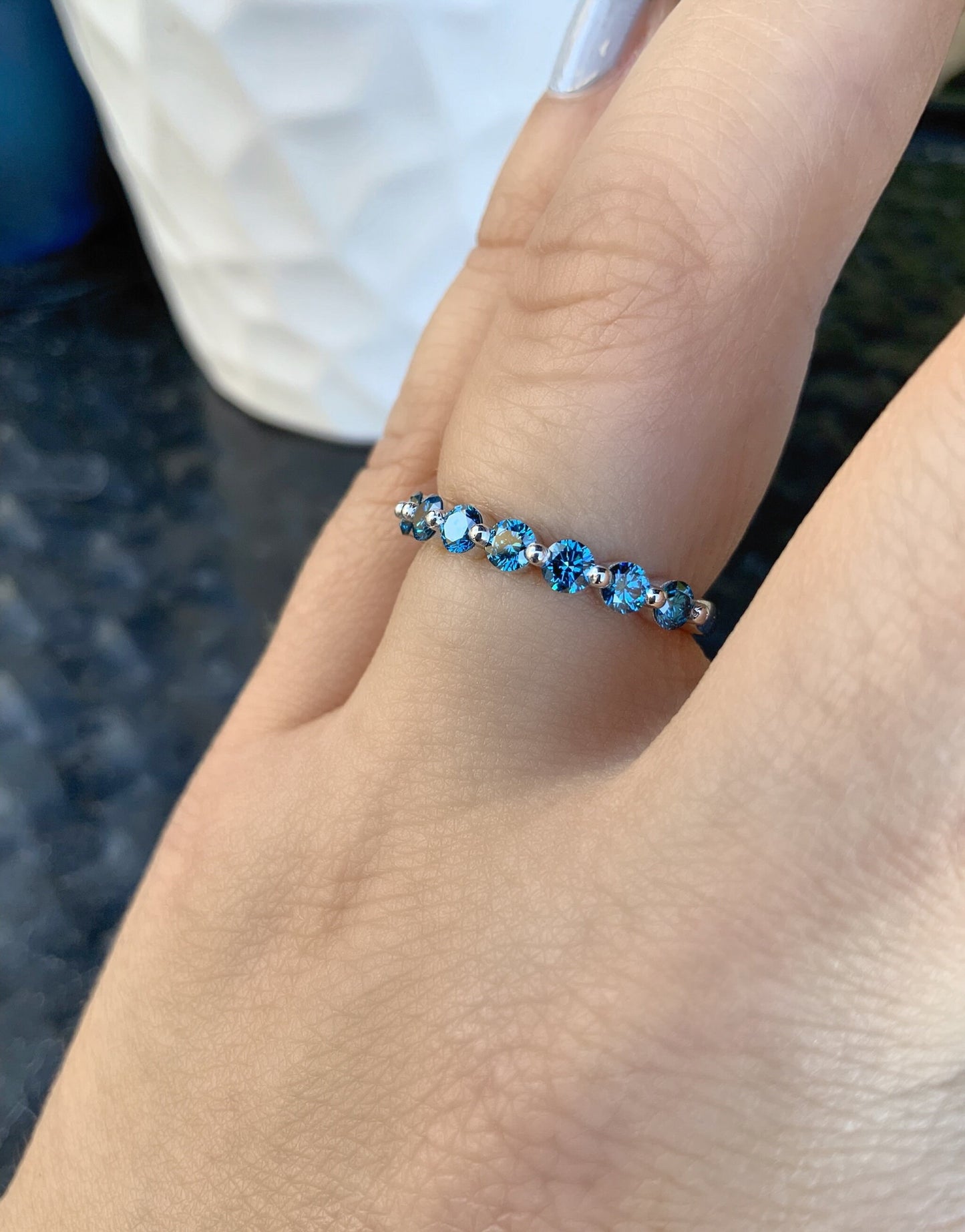 Blue Diamond Floating Bubble Ring/ 1ct Shared Prong Band/ 3mm Half Eternity Lab Grown Diamond Band/ 10 Stone Blue Diamond Stacking Ring