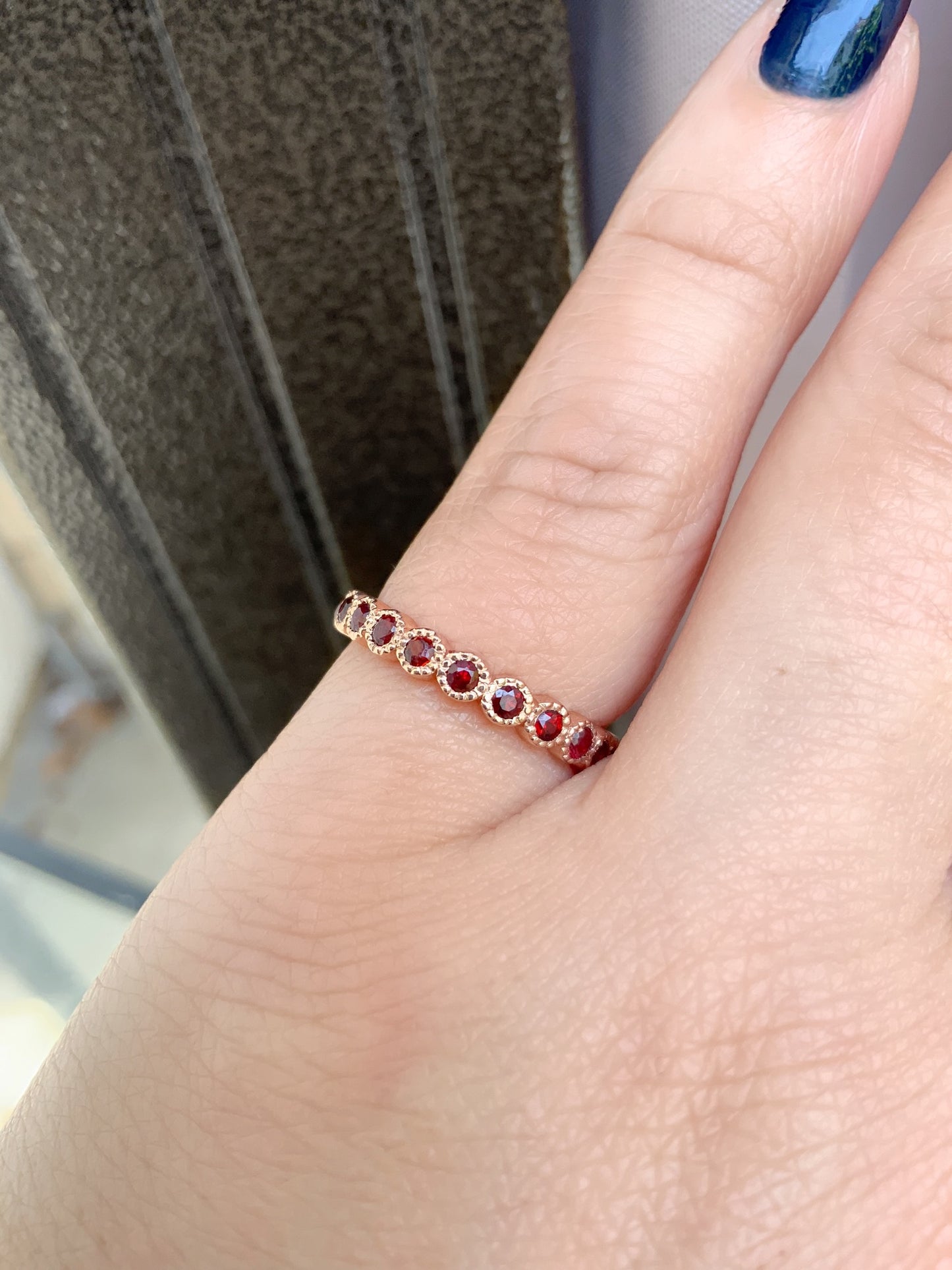 Garnet Stacking Ring/ 3mm Milgrain Bezel Garnet Wedding Band/ Half Eternity Scalloped Garnet Ring/ Anniversary Gift/ January Birthstone Ring