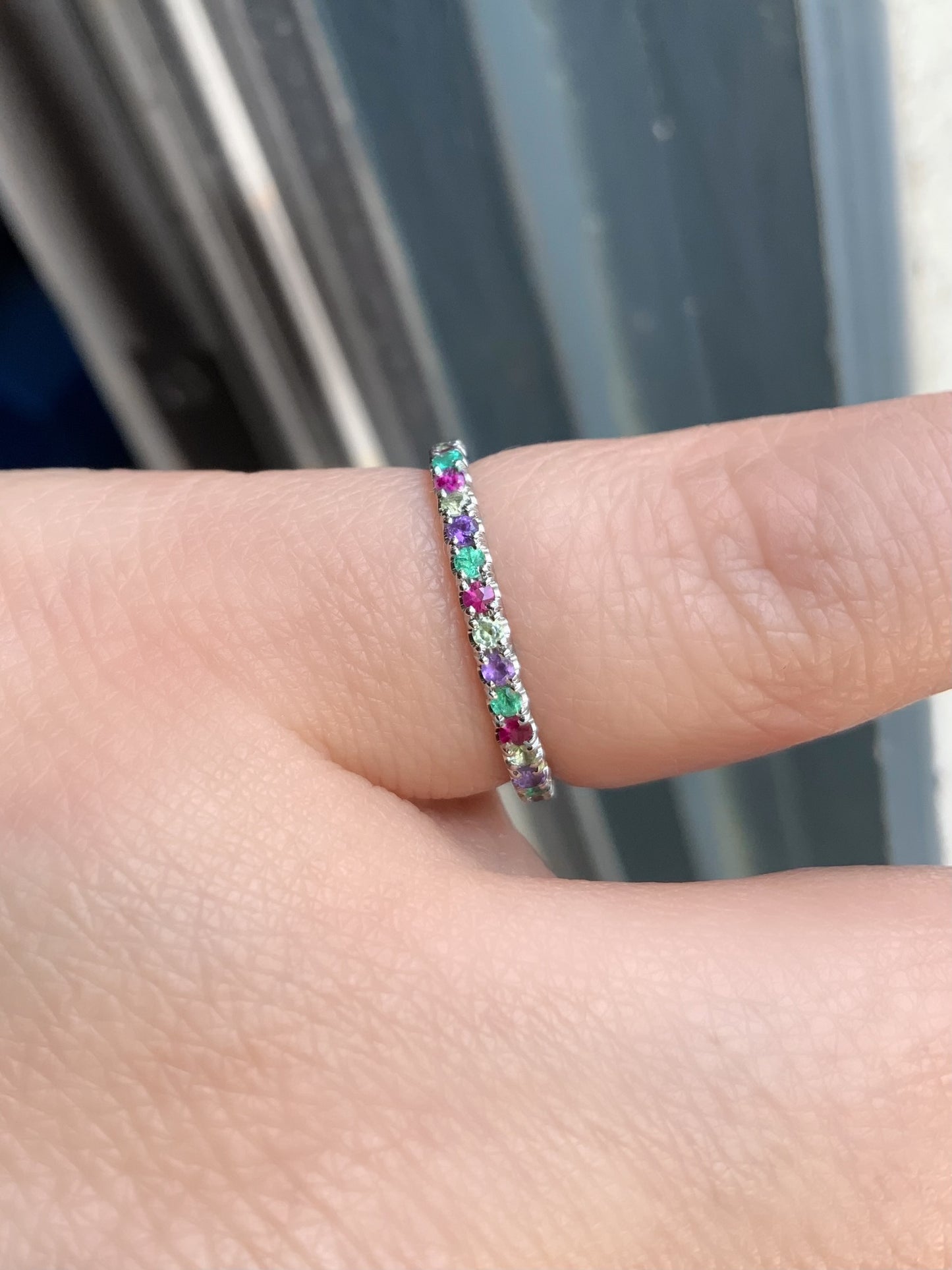 Emerald Ruby Peridot Amethyst Band/ 2mm Alternating Pave Full Eternity Stacking Ring/ 4 Birthstone Mother's Ring/ May July August February